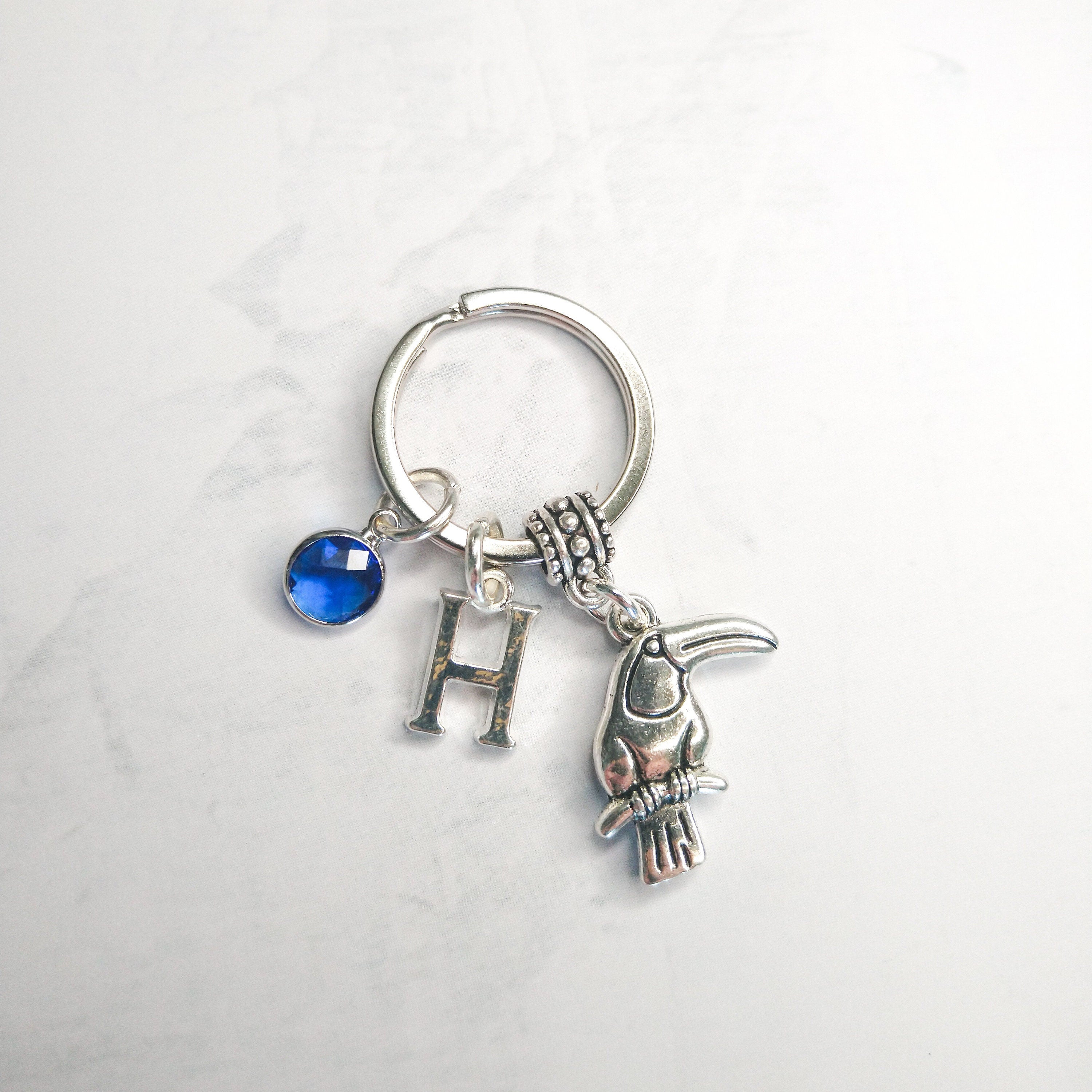 Toucan keyring, personalised toucan gifts, birthstone initial keychain, bird jewellery