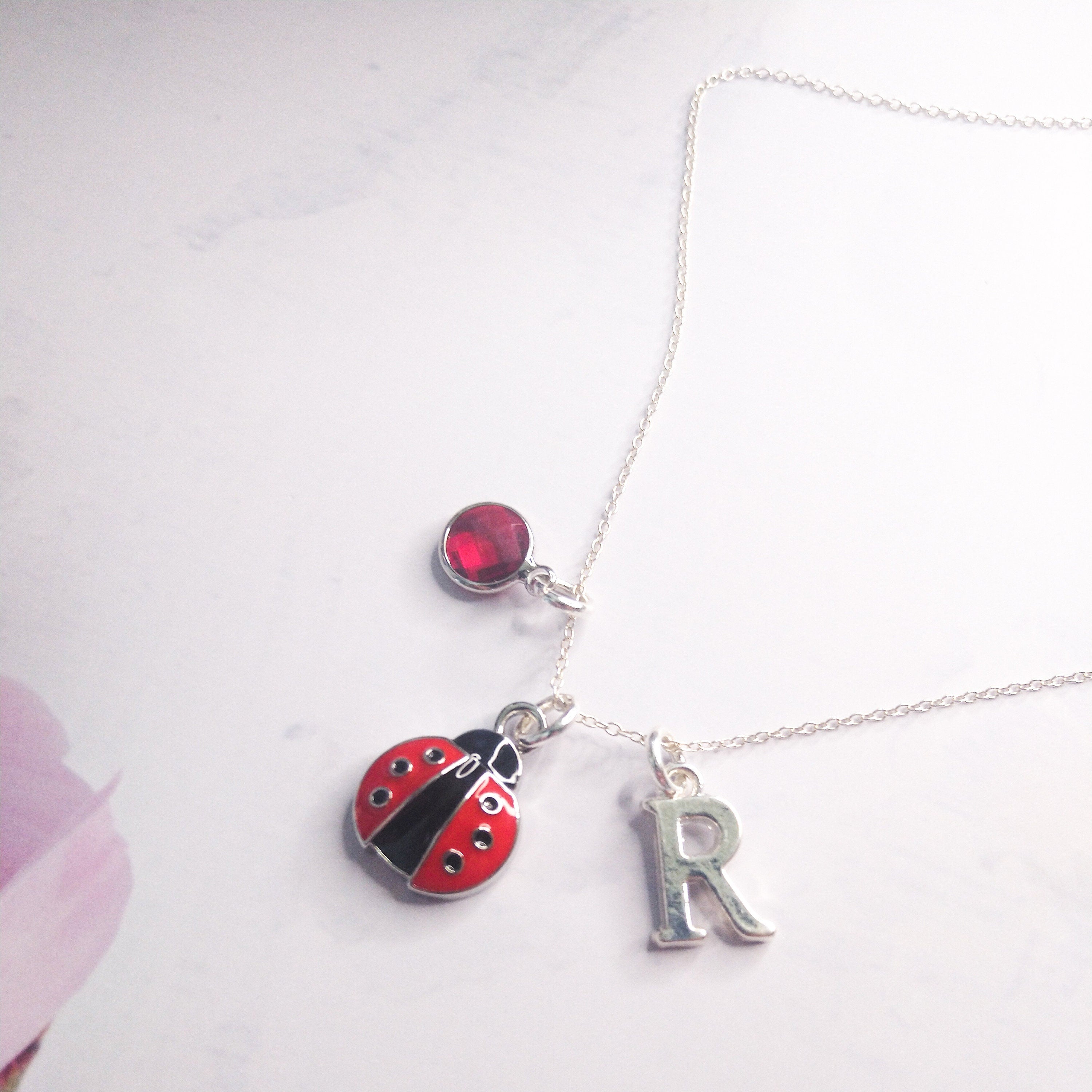 Ladybug Charm Necklace: Enamel Pendant, Birthstone, Initial
