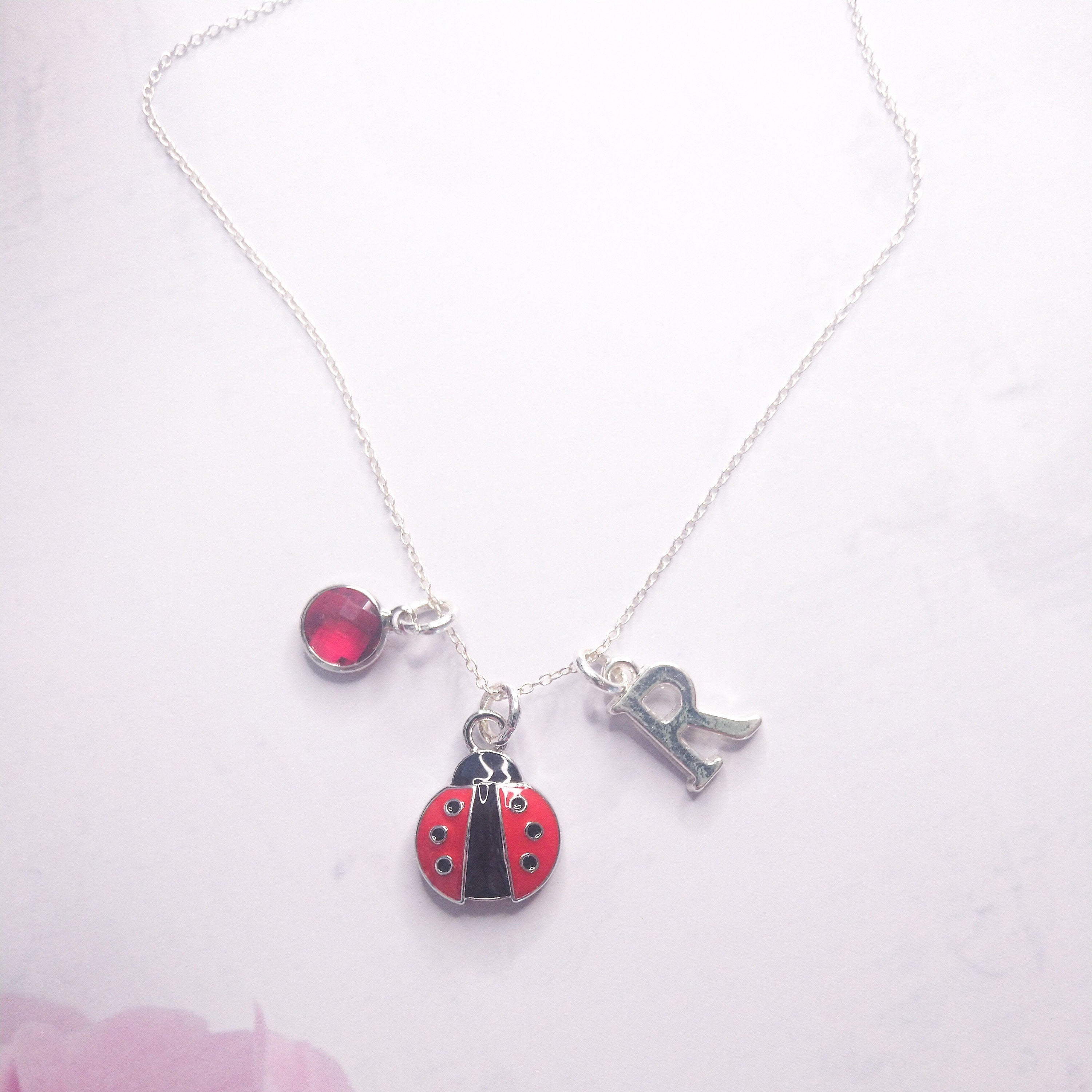Ladybird necklace, lady bug jewellery, personalised gifts, birthstone necklaces, initial charms, colourful enamel pendant, insect pendant