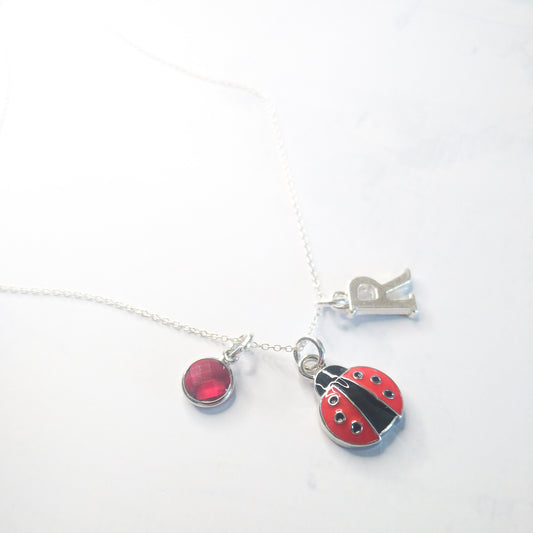 Ladybug Charm Necklace: Enamel Pendant, Birthstone, Initial