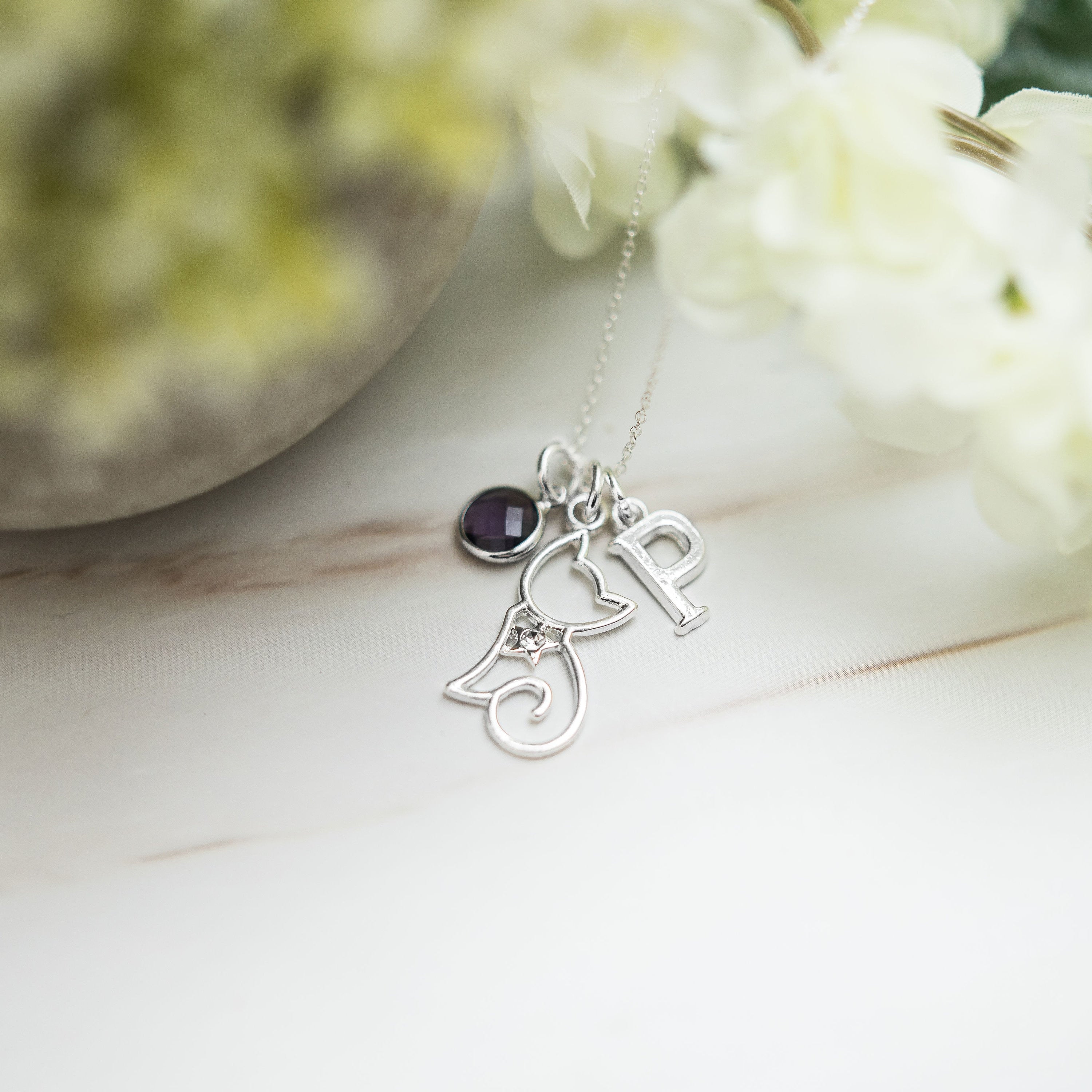 Cat necklace, personalised gifts, kitten jewellery, birthstone crystal initial charm, new cat rescue, cute animal gift, pet loss memorial