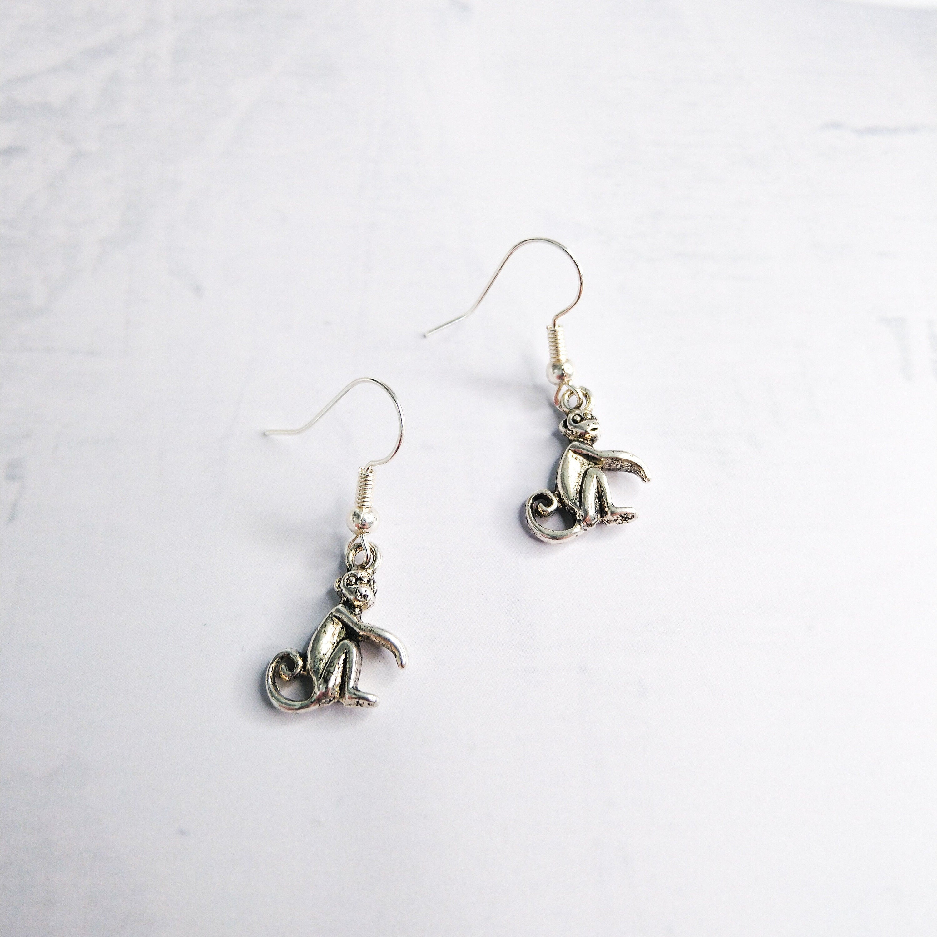 Monkey earrings, animal jewellery, 925 sterling silver hooks, monkey gifts, drop earrings, wildlife earrings