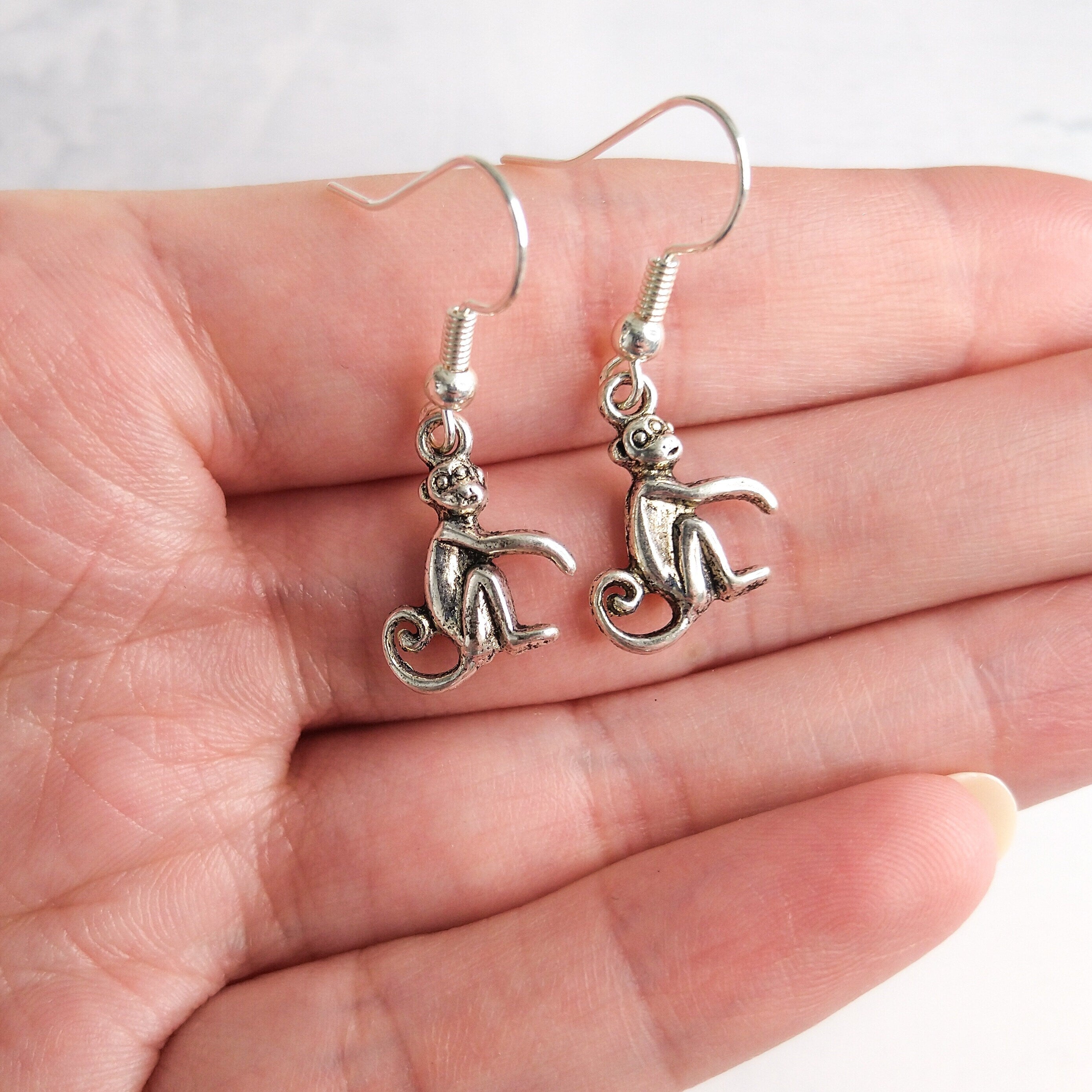 Monkey earrings, animal jewellery, 925 sterling silver hooks, monkey gifts, drop earrings, wildlife earrings