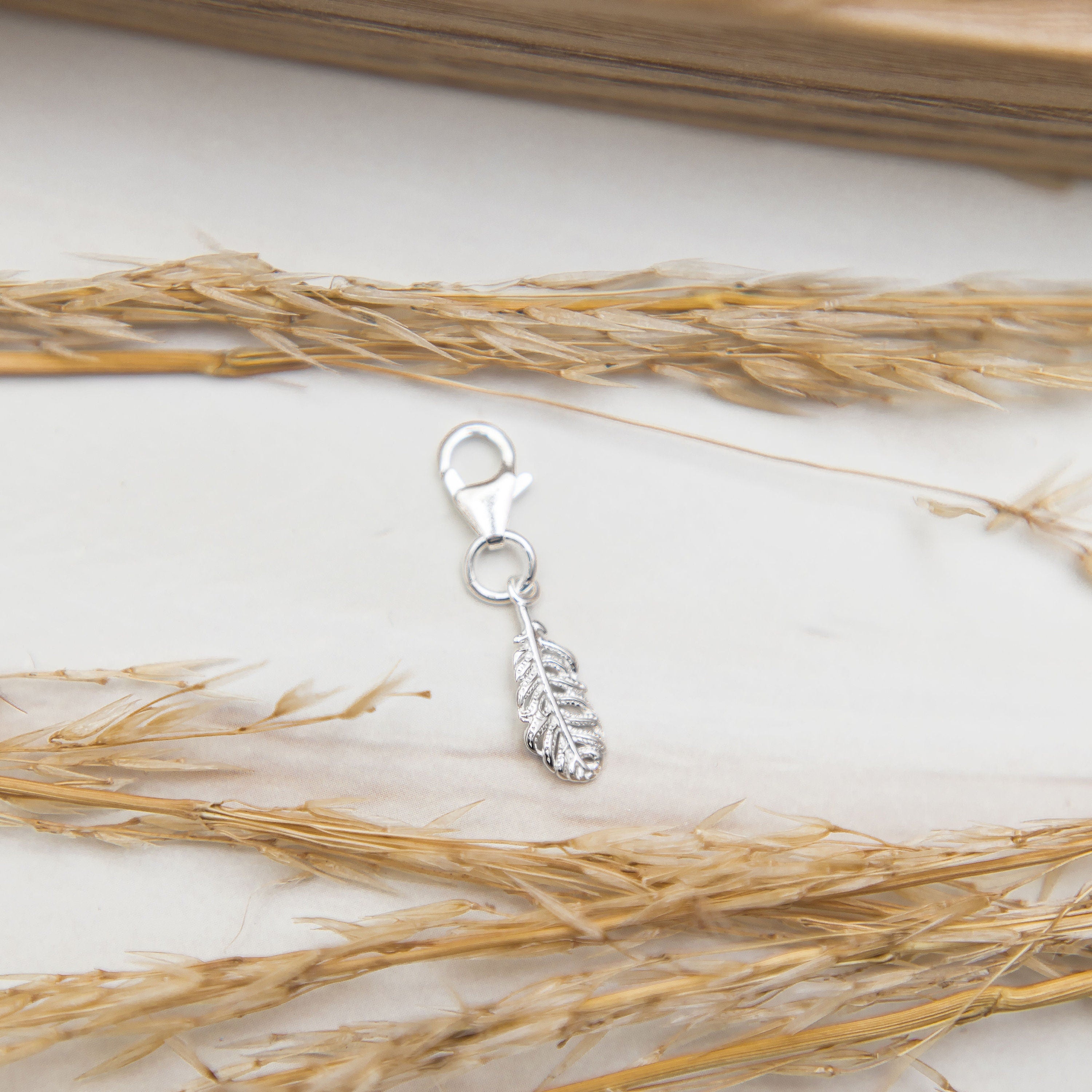 Silver feather charm, 925 sterling silver, clip on lobster clasp pendant,  remembrance gifts, nature keepsake