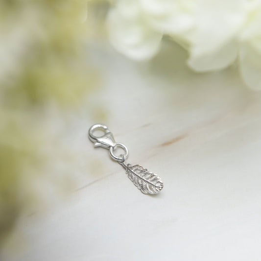 Silver feather charm, 925 sterling silver, clip on lobster clasp pendant,  remembrance gifts, nature keepsake