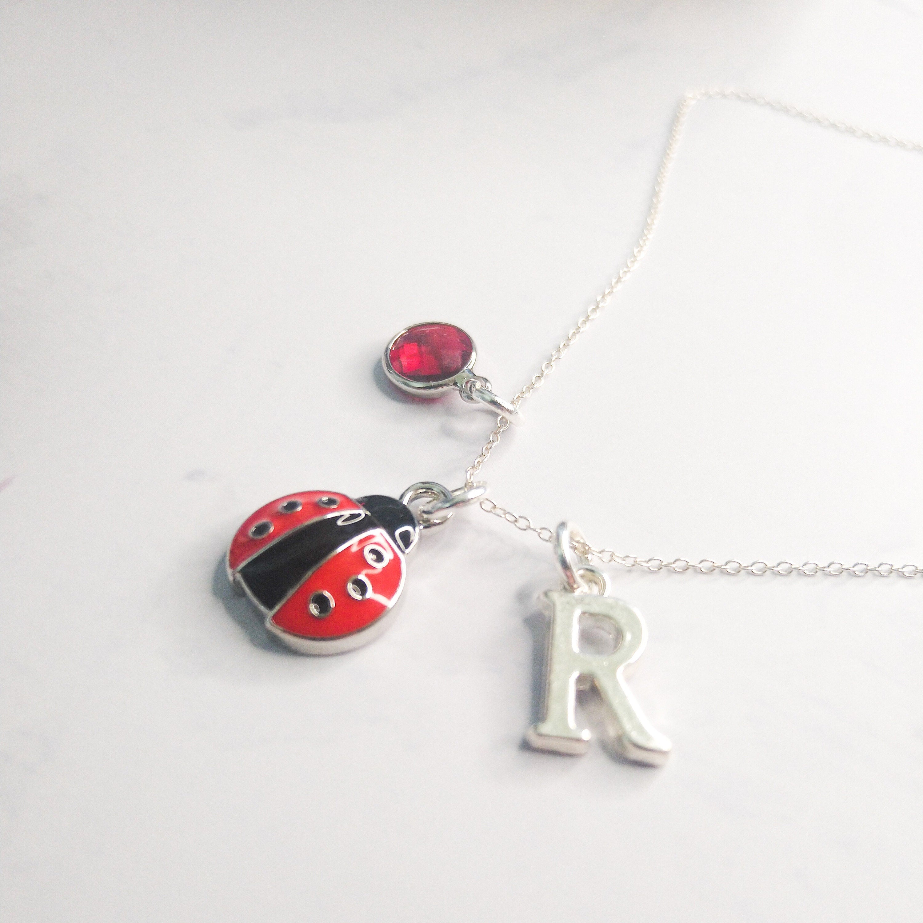 Ladybird necklace, lady bug jewellery, personalised gifts, birthstone necklaces, initial charms, colourful enamel pendant, insect pendant