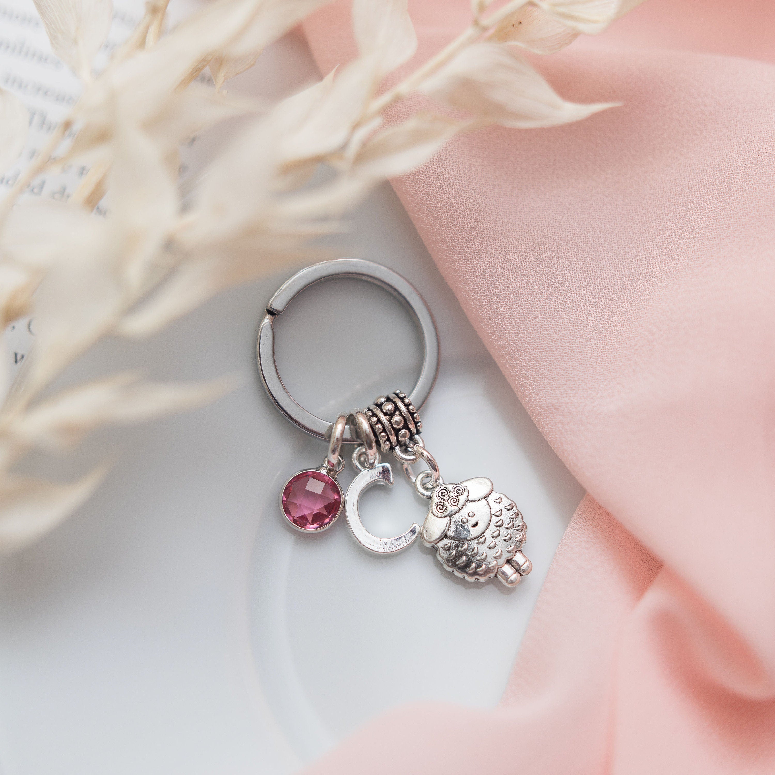Personalised Sheep Keyring: Initial & Birthstone Charm