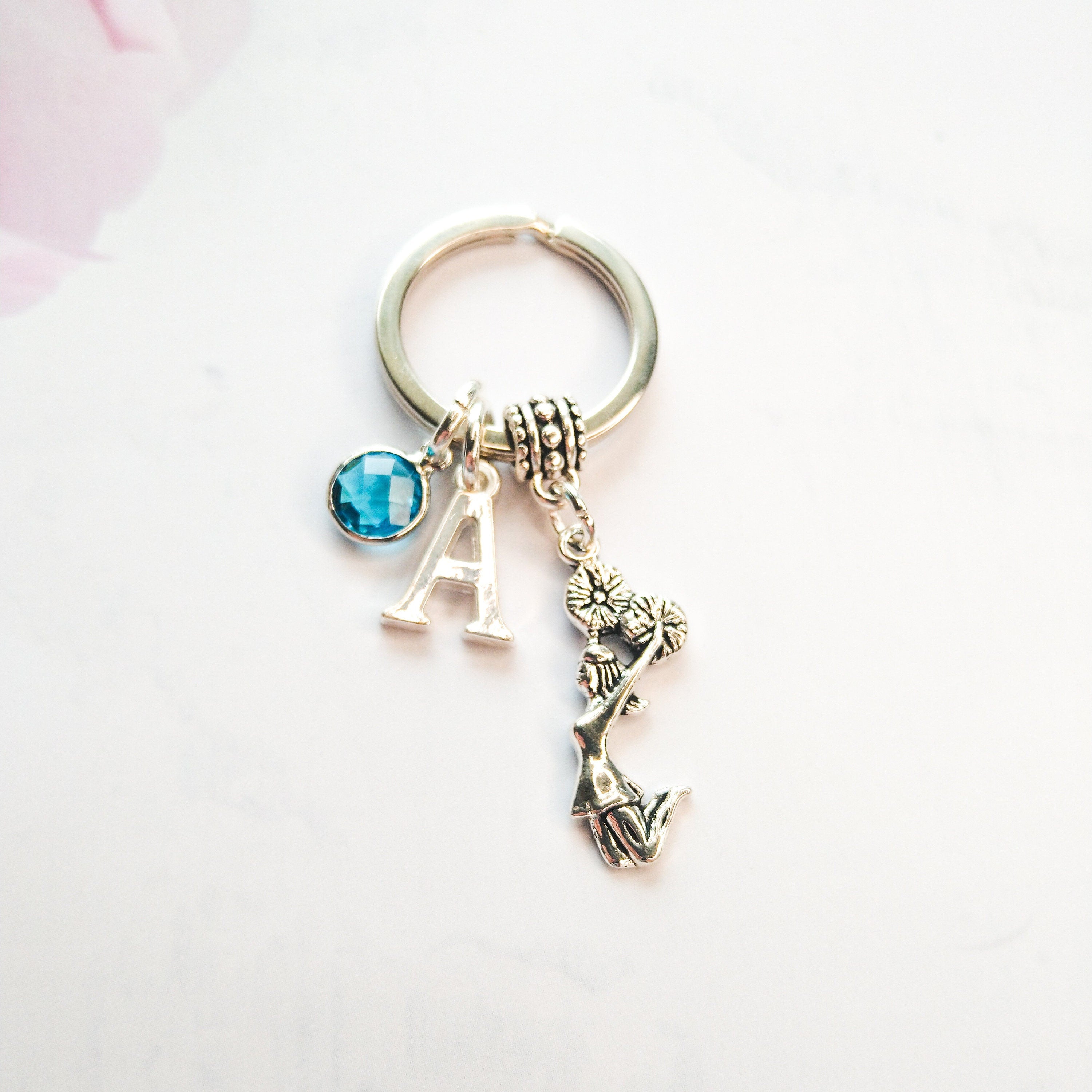 Cheerleader keyring, cheer keychain, personalised gifts, birthstone initial, dance gift, cheerleading coach thank you,