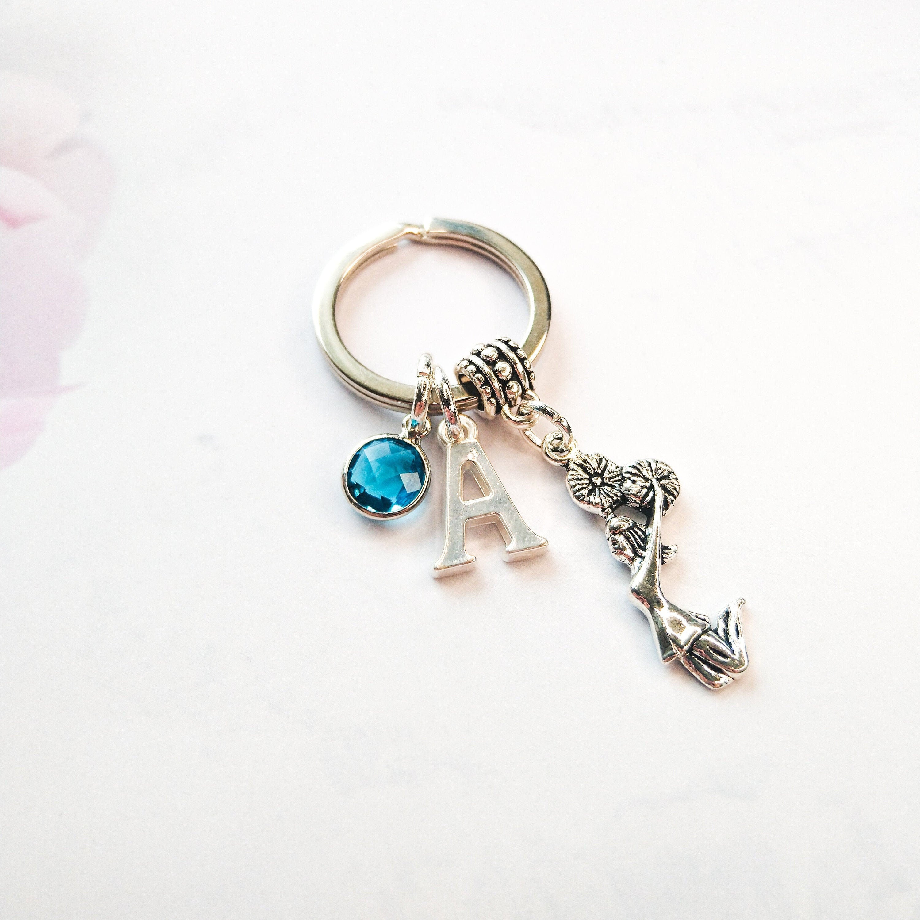 Cheerleader keyring, cheer keychain, personalised gifts, birthstone initial, dance gift, cheerleading coach thank you,