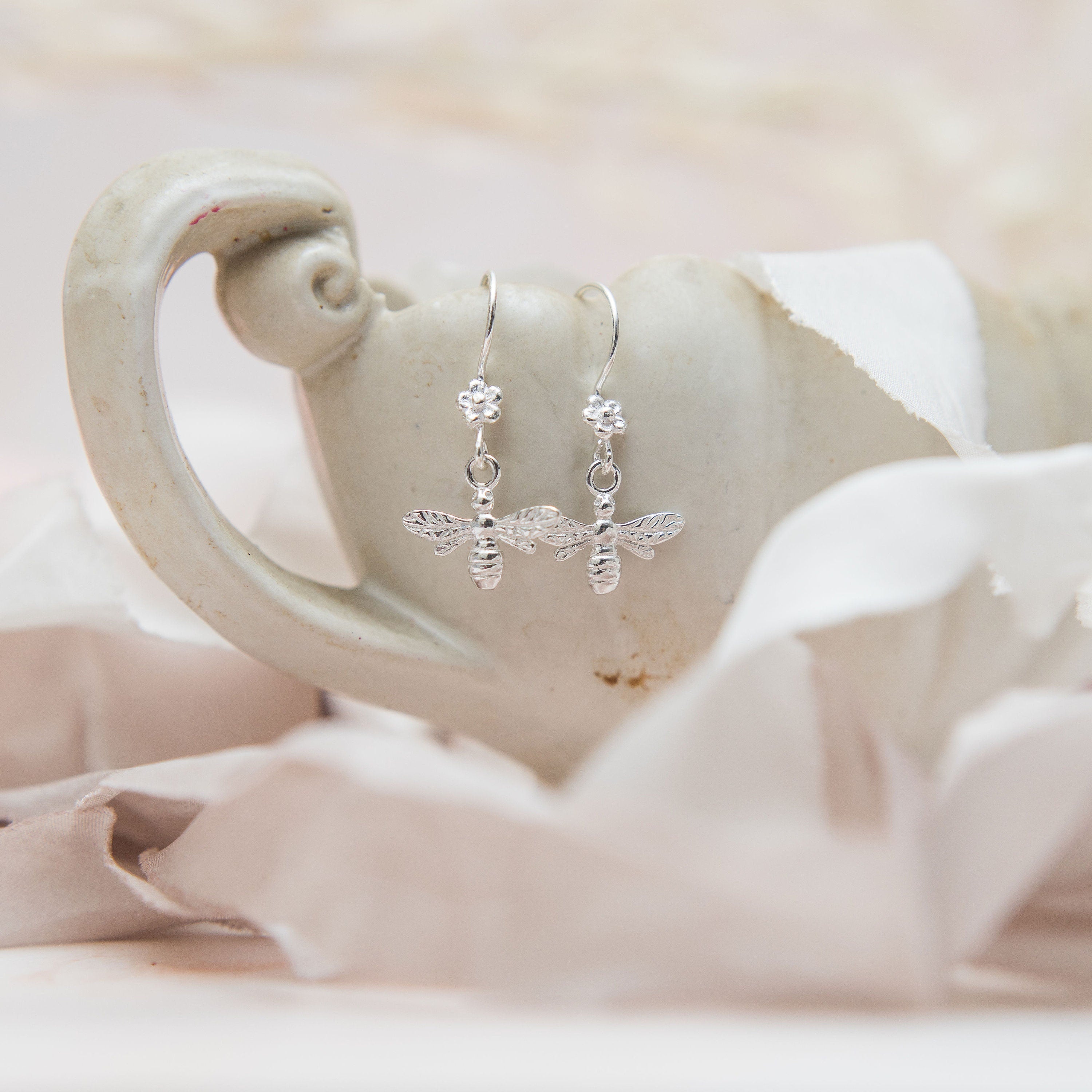 Sterling silver bee earrings, bumble bee jewellery, flower drop earring, hook ear wires, gifts for her