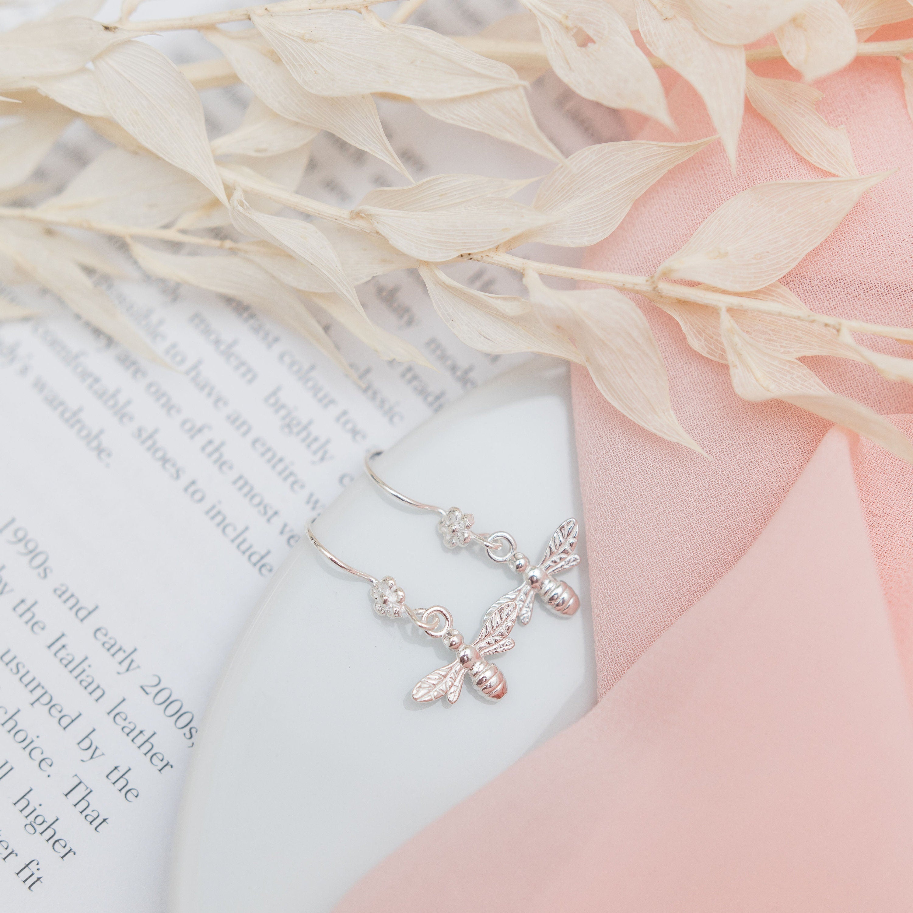 Sterling silver bee earrings, bumble bee jewellery, flower drop earring, hook ear wires, gifts for her