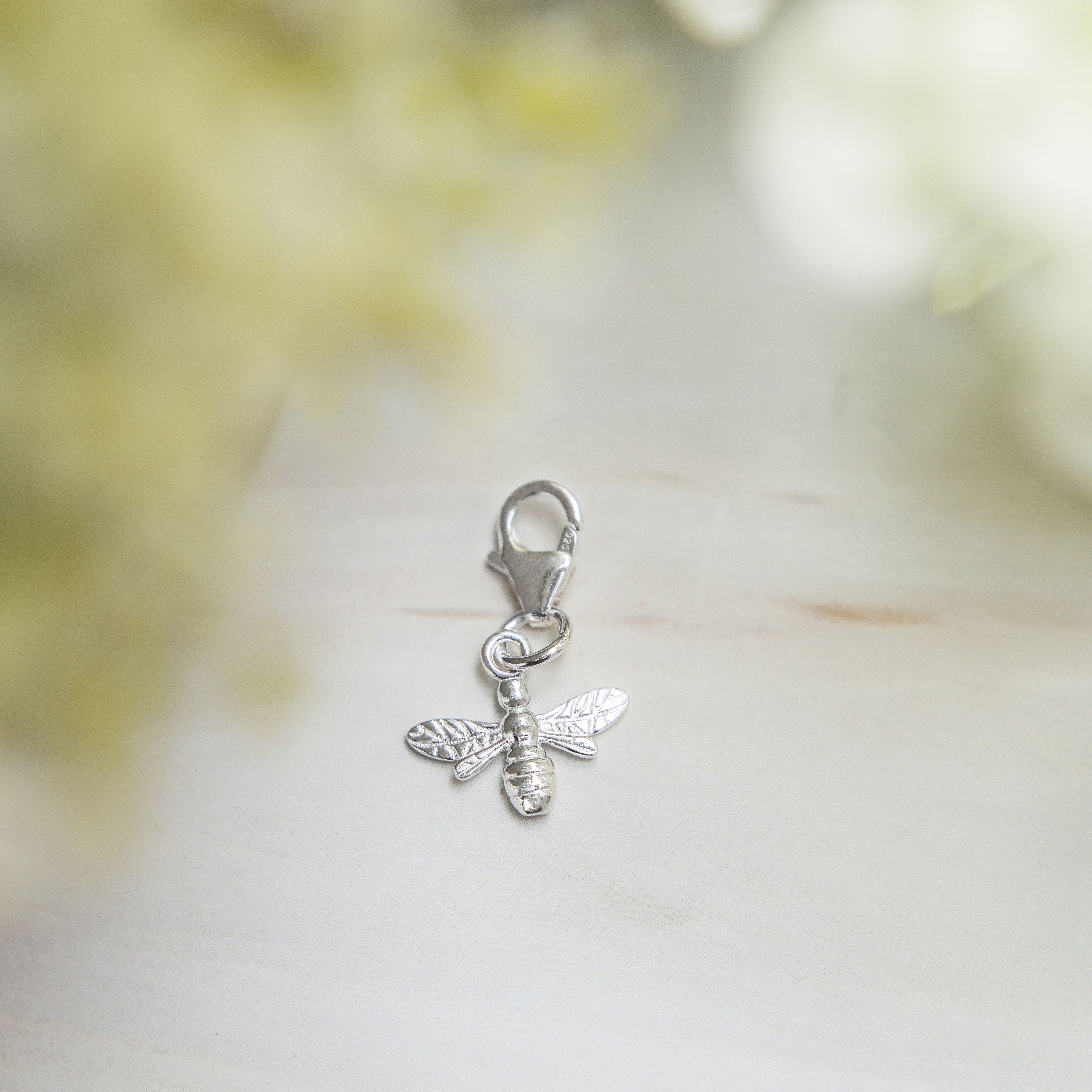 Silver bee charm, 925 sterling silver, clip on lobster clasp pendant, bumble bee lovers gift, queen bee pendant, gift for gardener