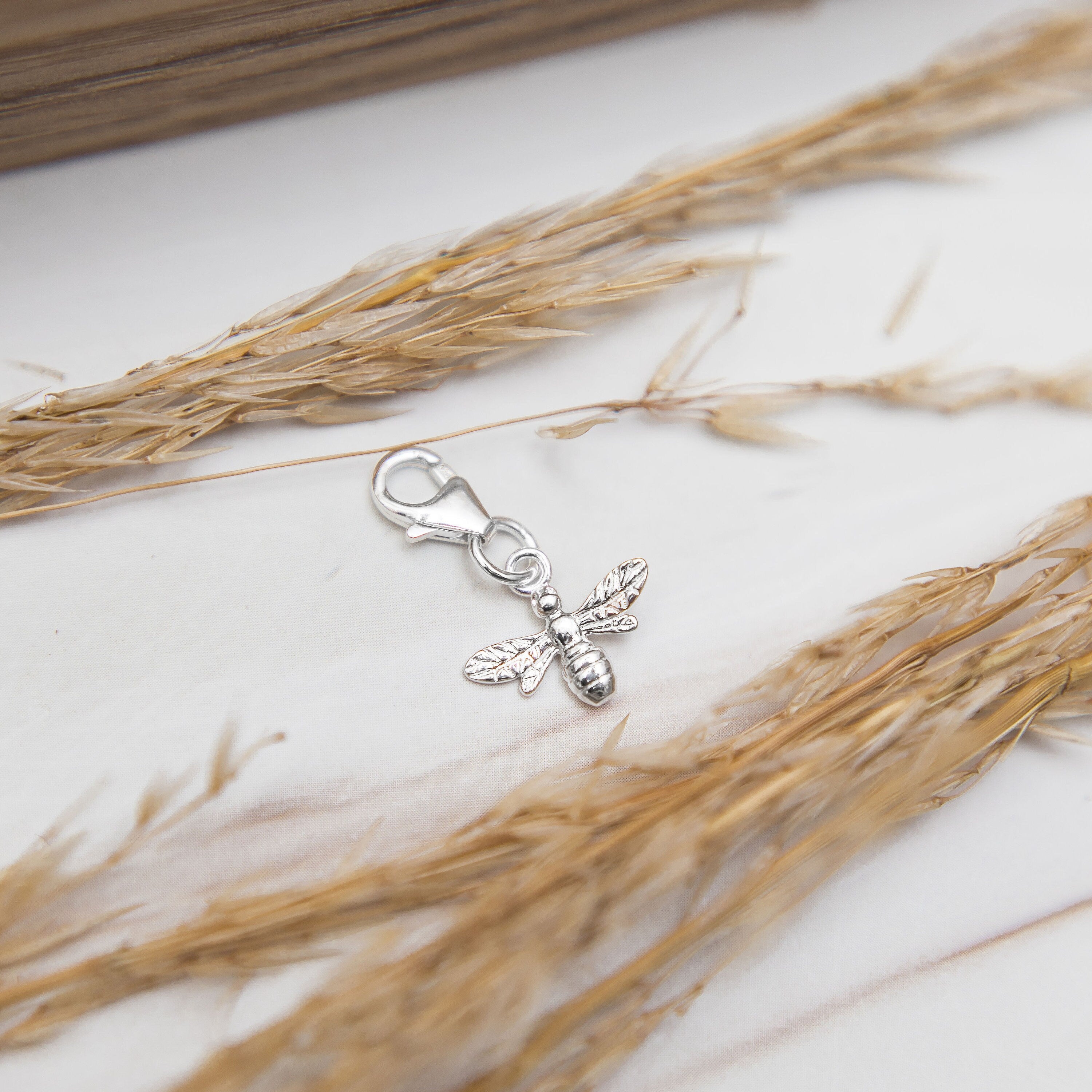 Silver bee charm, 925 sterling silver, clip on lobster clasp pendant, bumble bee lovers gift, queen bee pendant, gift for gardener