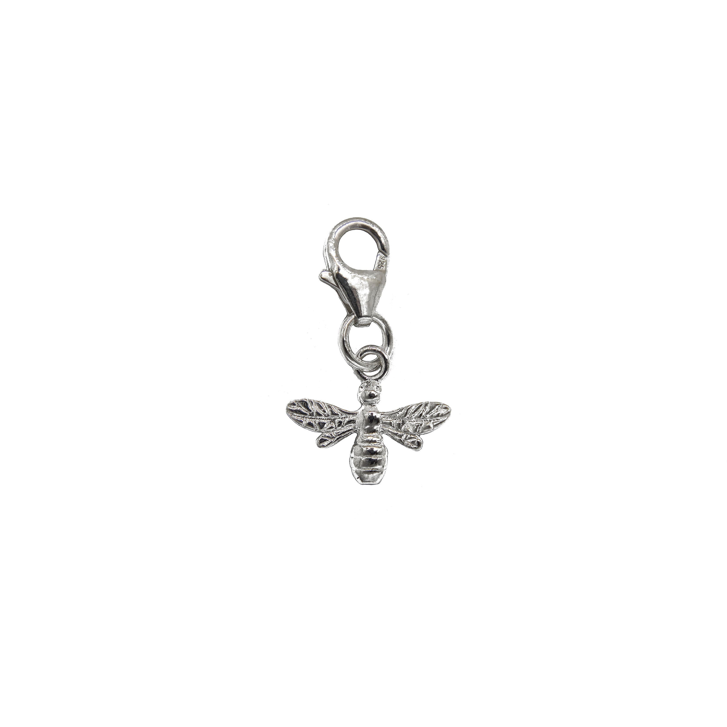 Silver bee charm, 925 sterling silver, clip on lobster clasp pendant, bumble bee lovers gift, queen bee pendant, gift for gardener
