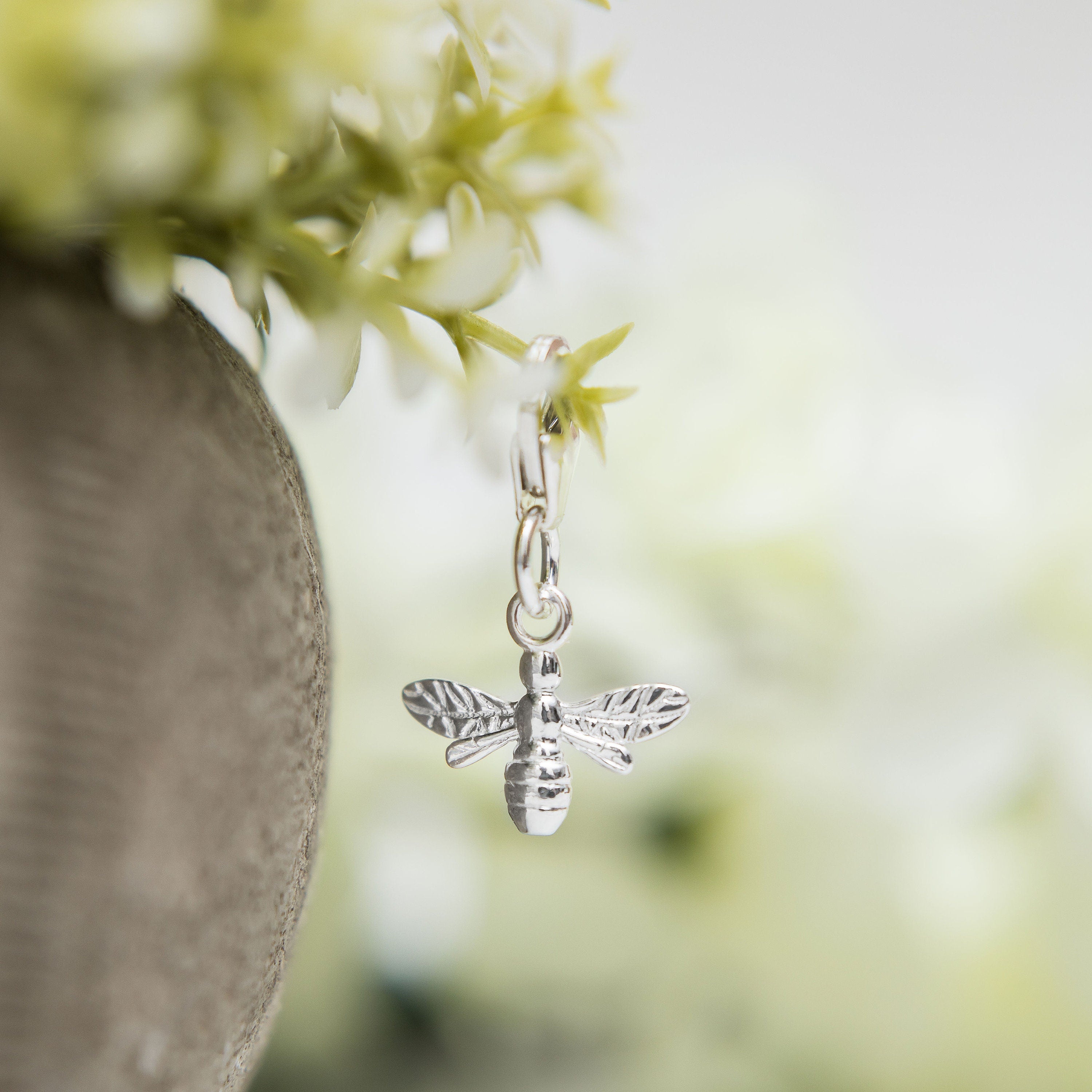 Silver bee charm, 925 sterling silver, clip on lobster clasp pendant, bumble bee lovers gift, queen bee pendant, gift for gardener