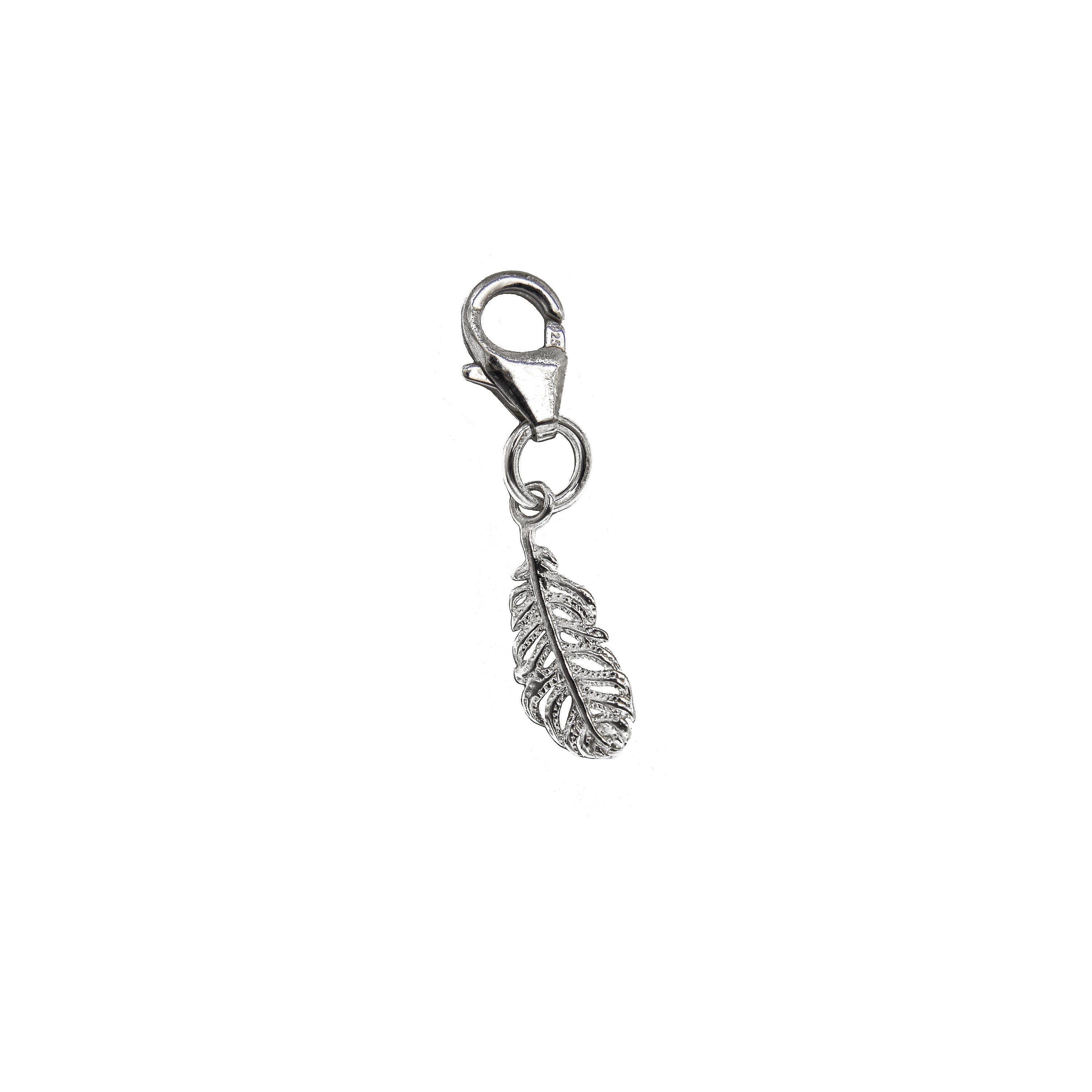 Silver feather charm, 925 sterling silver, clip on lobster clasp pendant,  remembrance gifts, nature keepsake