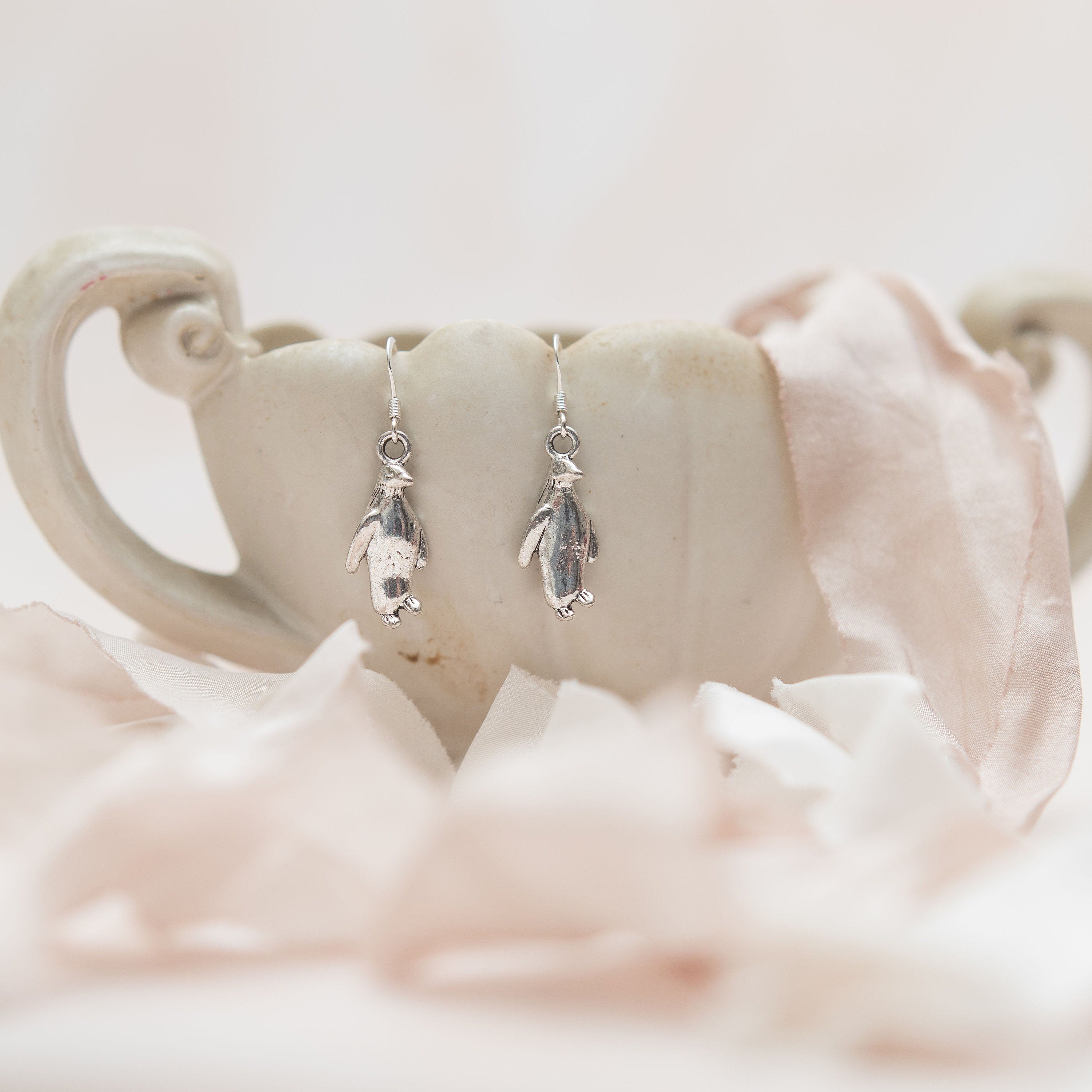 Penguin earrings, penguin jewellery, for penguin lovers, Antarctica bird, polar animal, seabird accessory, drop charm hoops, post studs