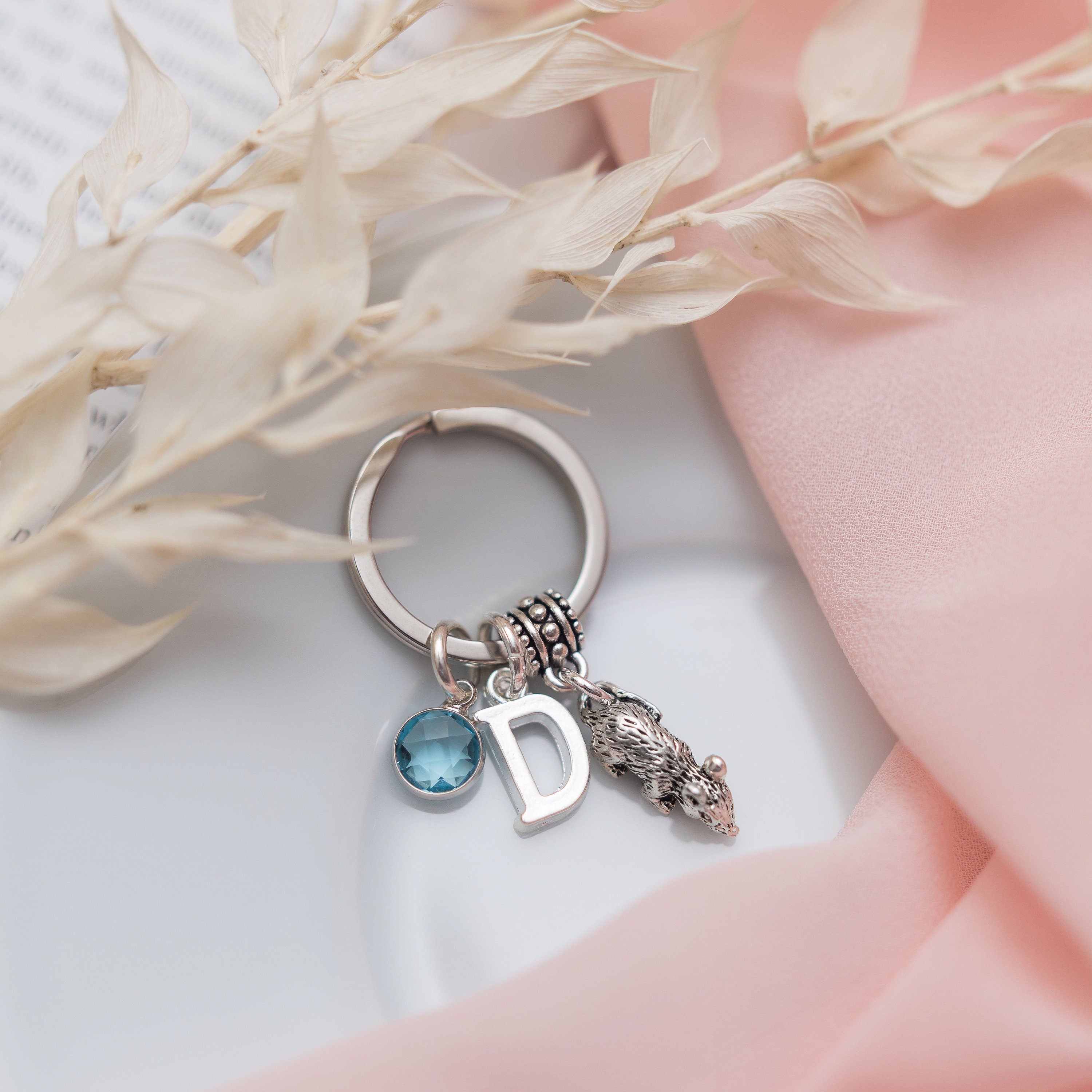 Mouse keyring, personalised mice gifts, birthstone initial keychain, rodent gift, pet loss keepsake