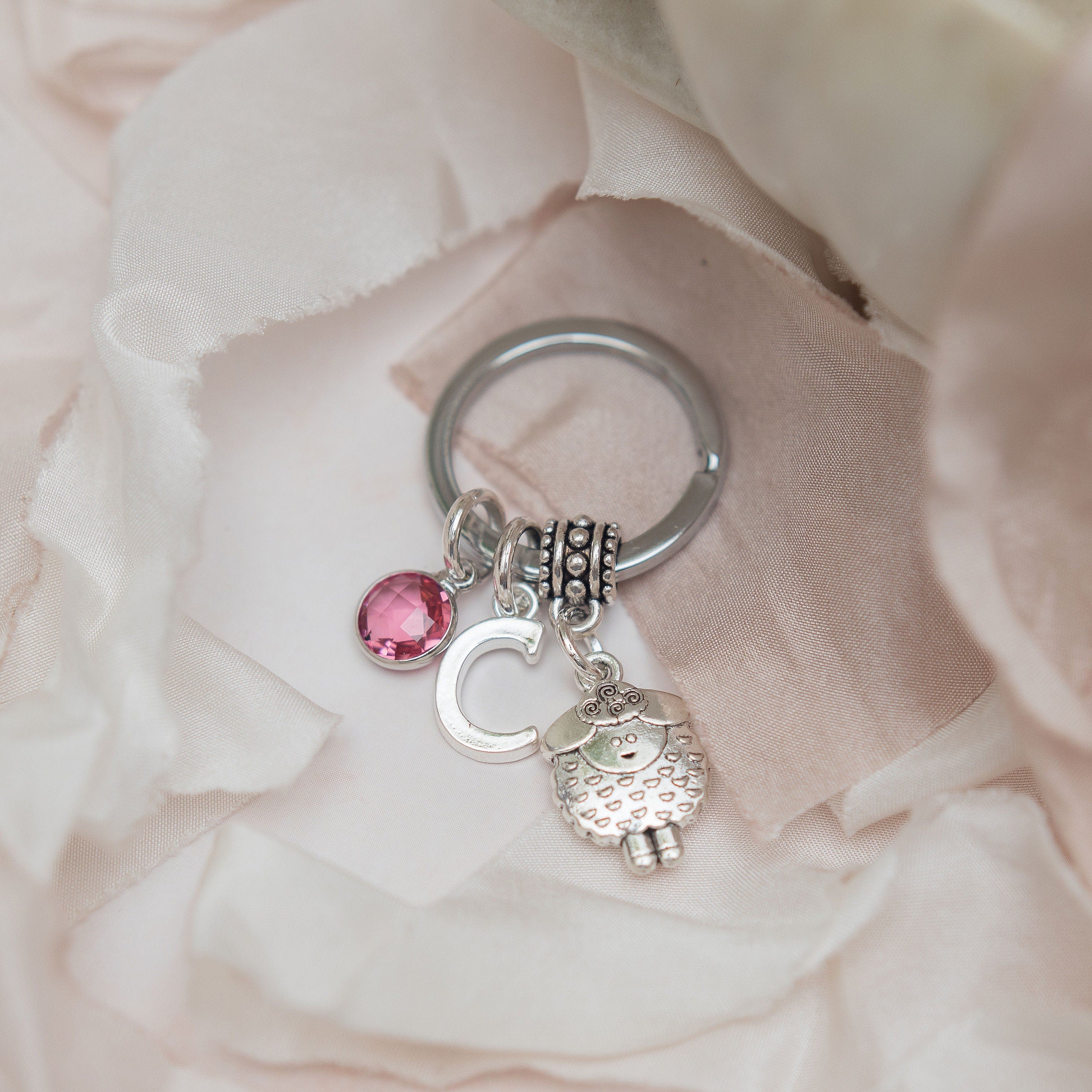 Personalised Sheep Keyring: Initial & Birthstone Charm