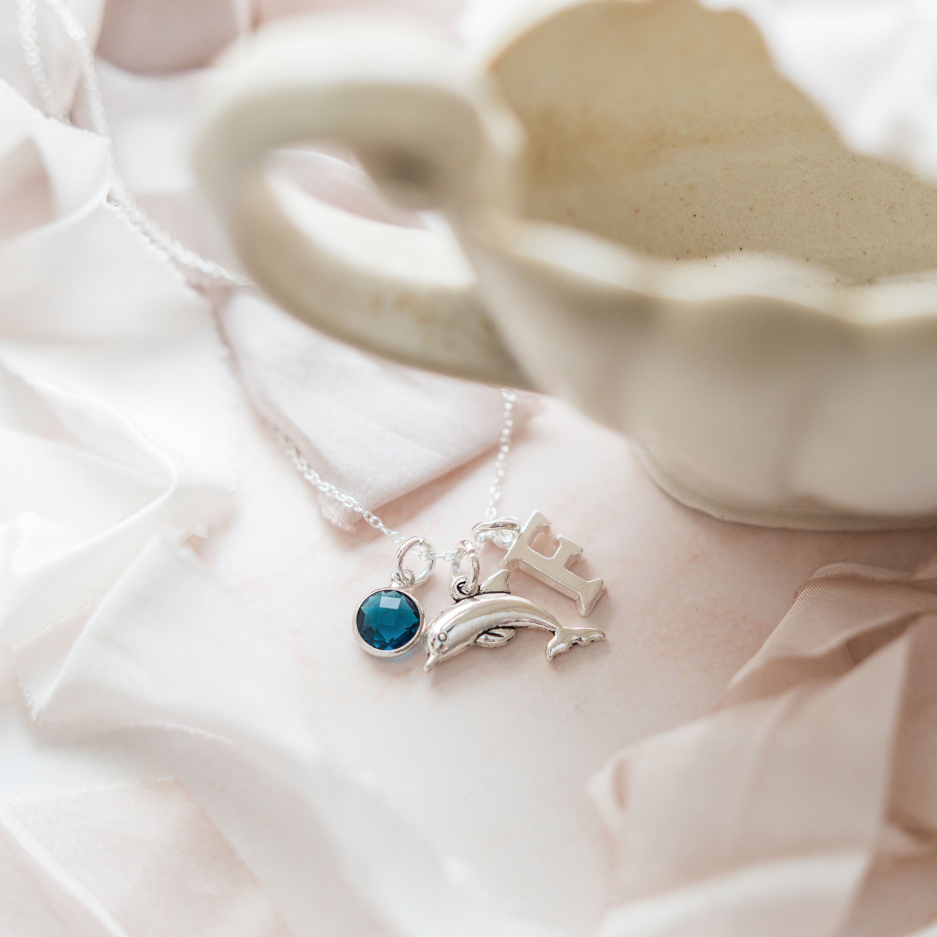 Dolphin necklace,  personalised gifts, dolphin lover gift, sea life animal, ocean lover. birthstone initial charm, summer holiday jewellery