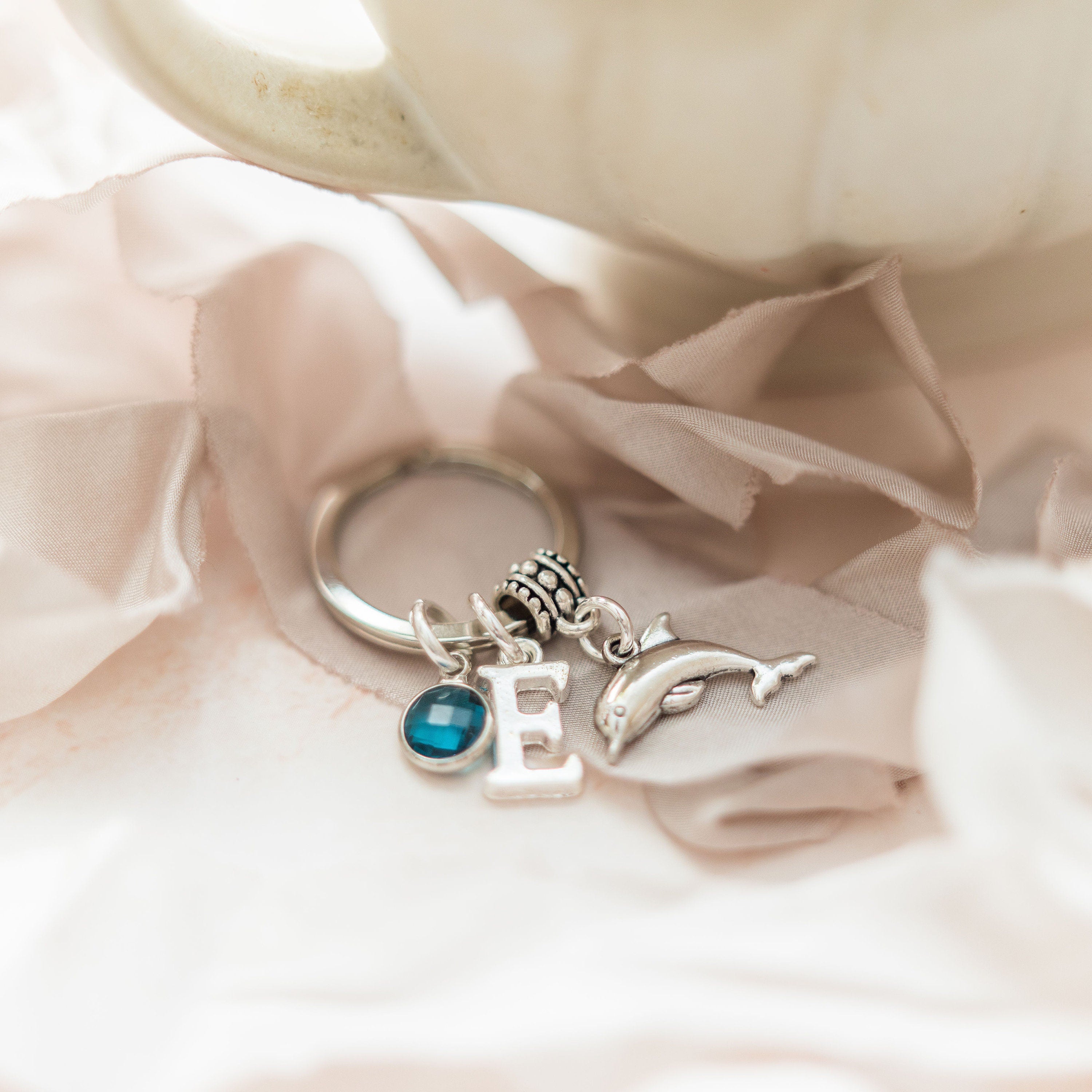 Dolphin keyring, ocean lover gift, sea animal keychain, personalised gifts, birthstone initial, beach fans