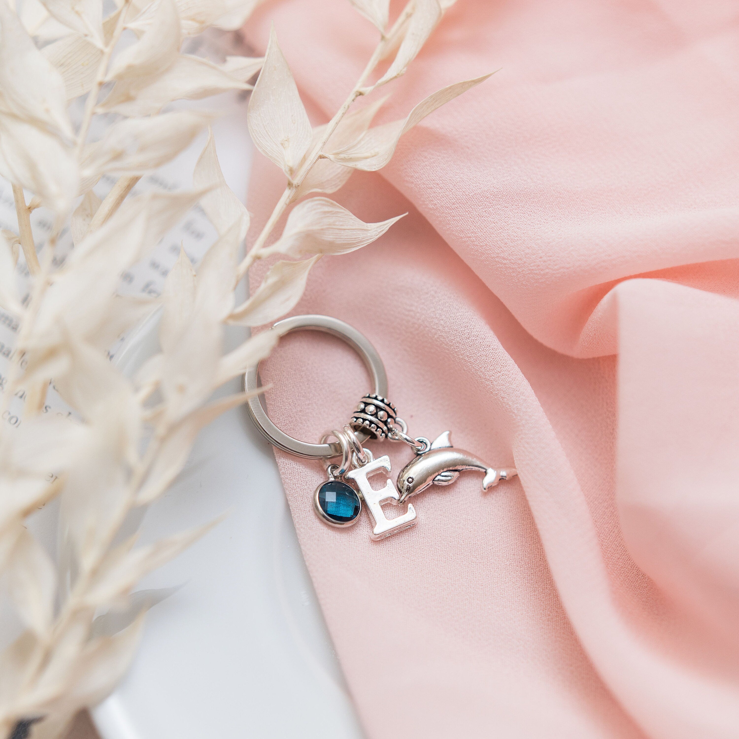 Dolphin keyring, ocean lover gift, sea animal keychain, personalised gifts, birthstone initial, beach fans