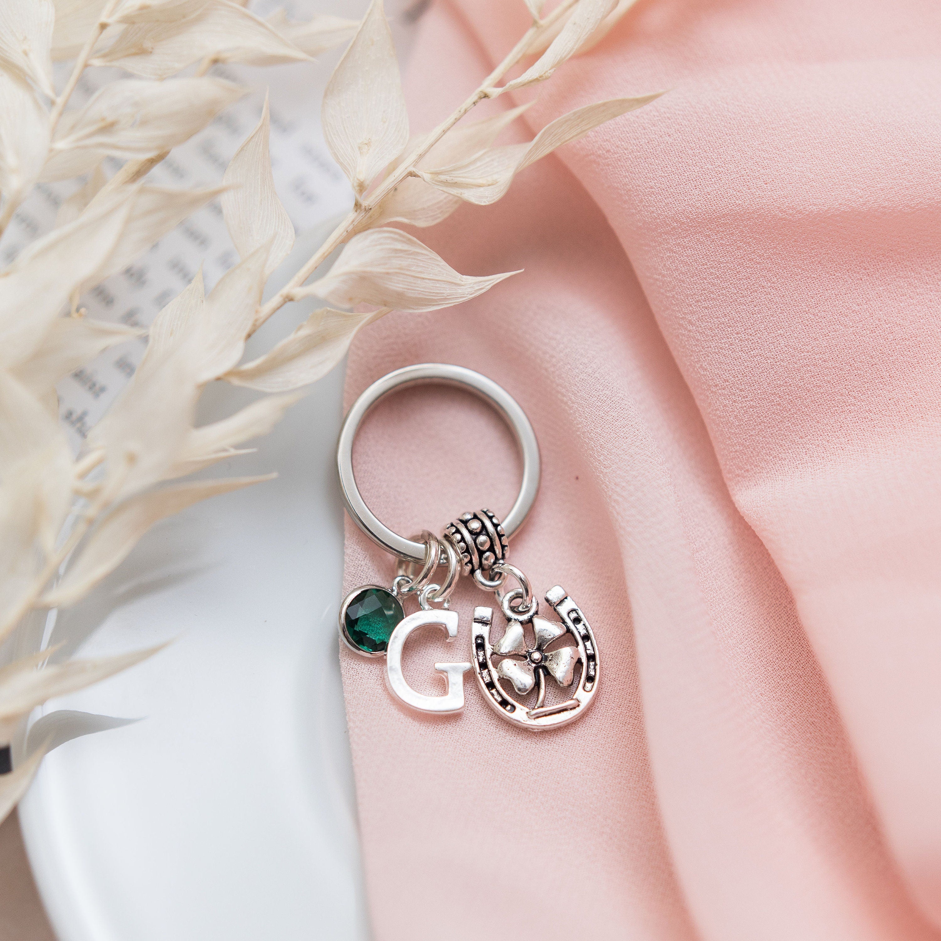 Horse shoe keychain, four leaf clover keychain,  personalised gifts, graduation, good luck gift, lucky keepsake, new job, retirement