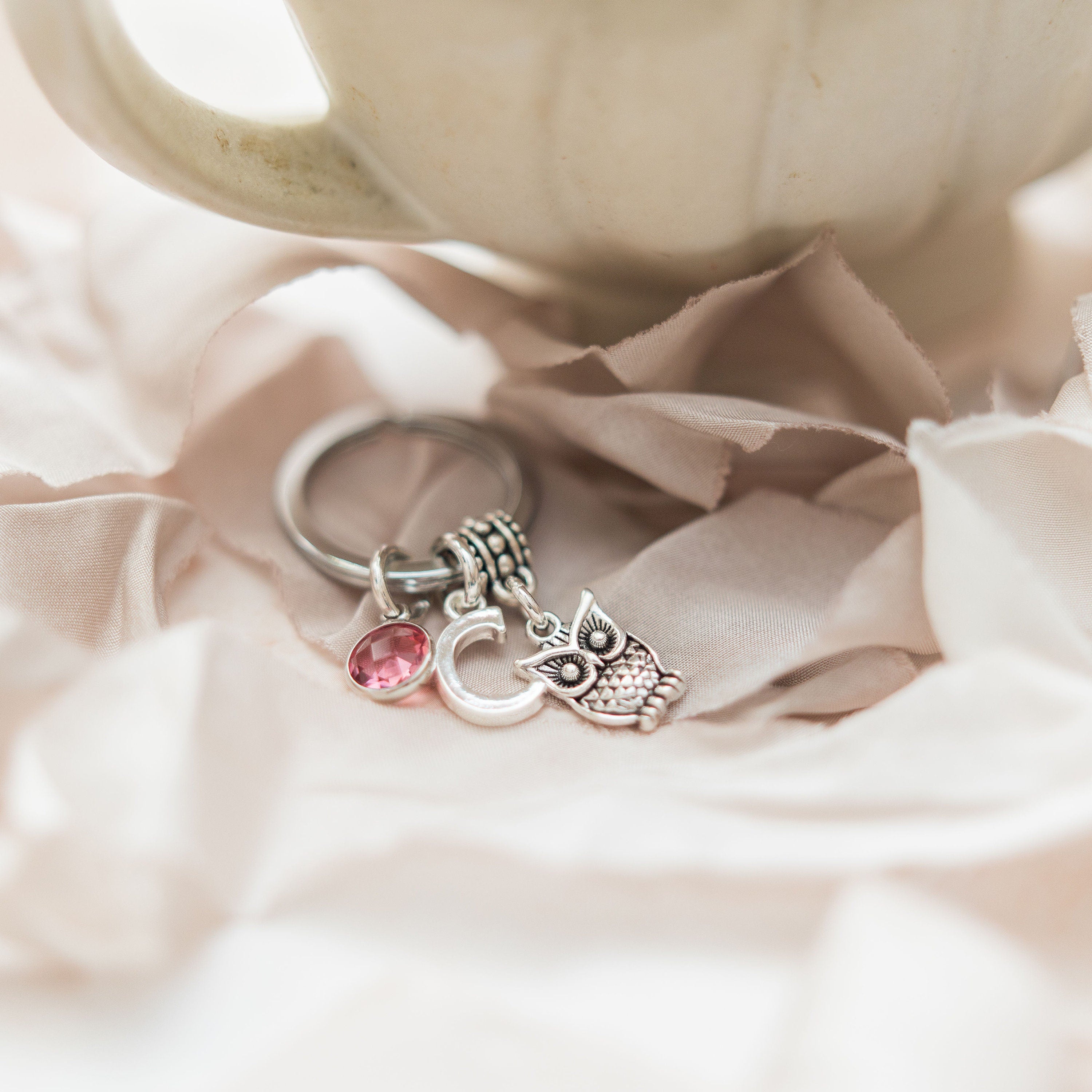 Owl keyring, graduation gift, wizard theme keychain, book lovers present, personalised gifts, birthstone initial charm, teacher thank you