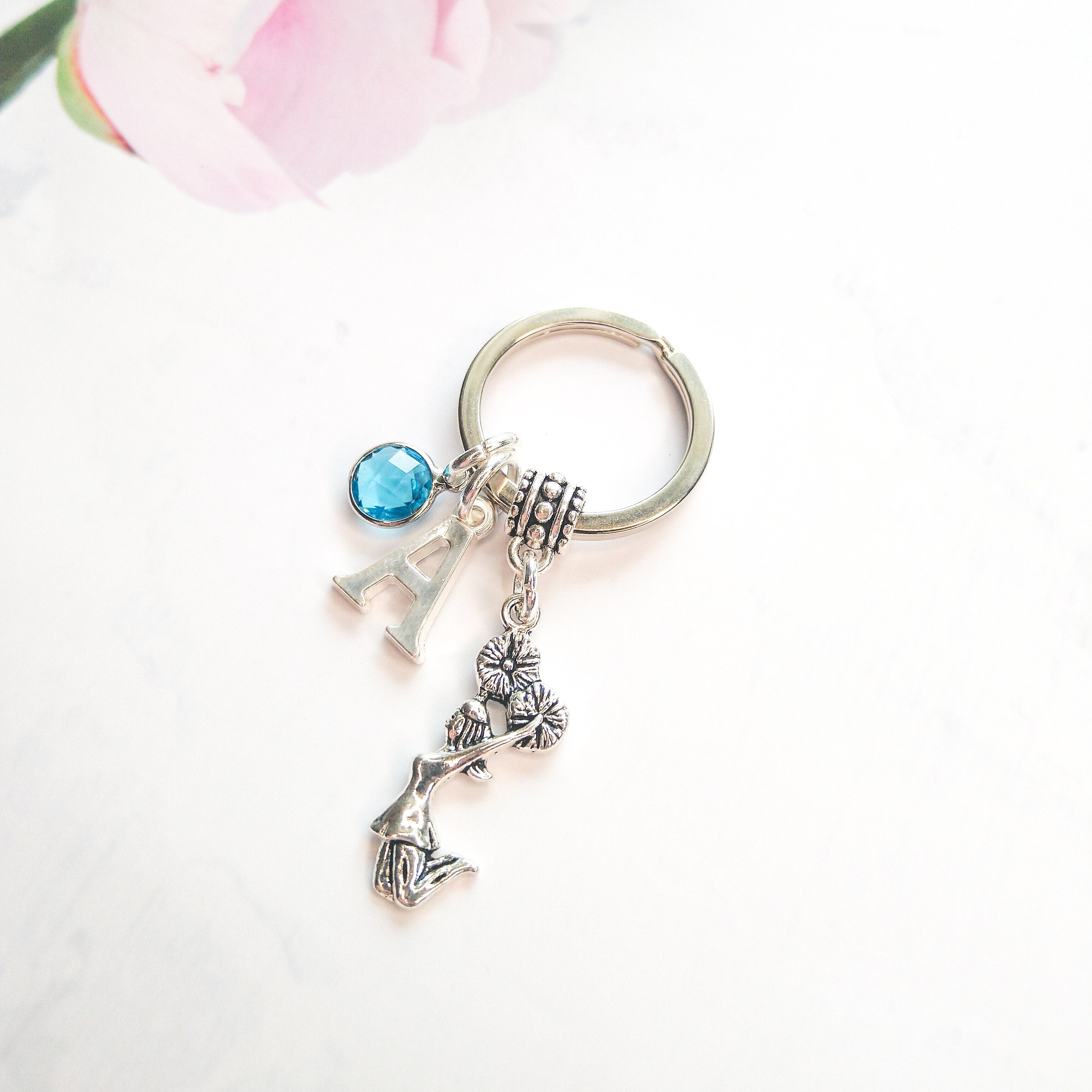 Cheerleader keyring, cheer keychain, personalised gifts, birthstone initial, dance gift, cheerleading coach thank you,