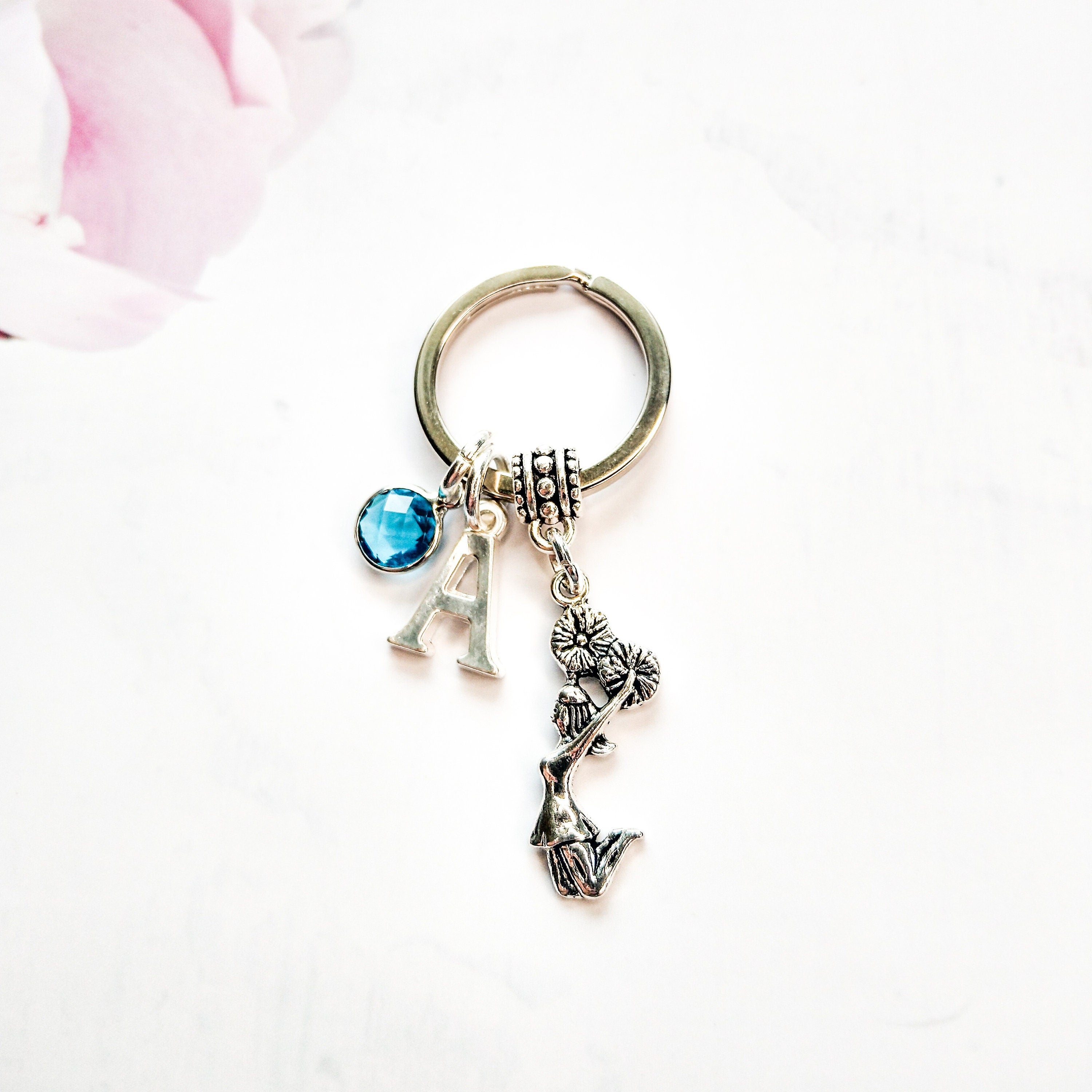 Cheerleader keyring, cheer keychain, personalised gifts, birthstone initial, dance gift, cheerleading coach thank you,