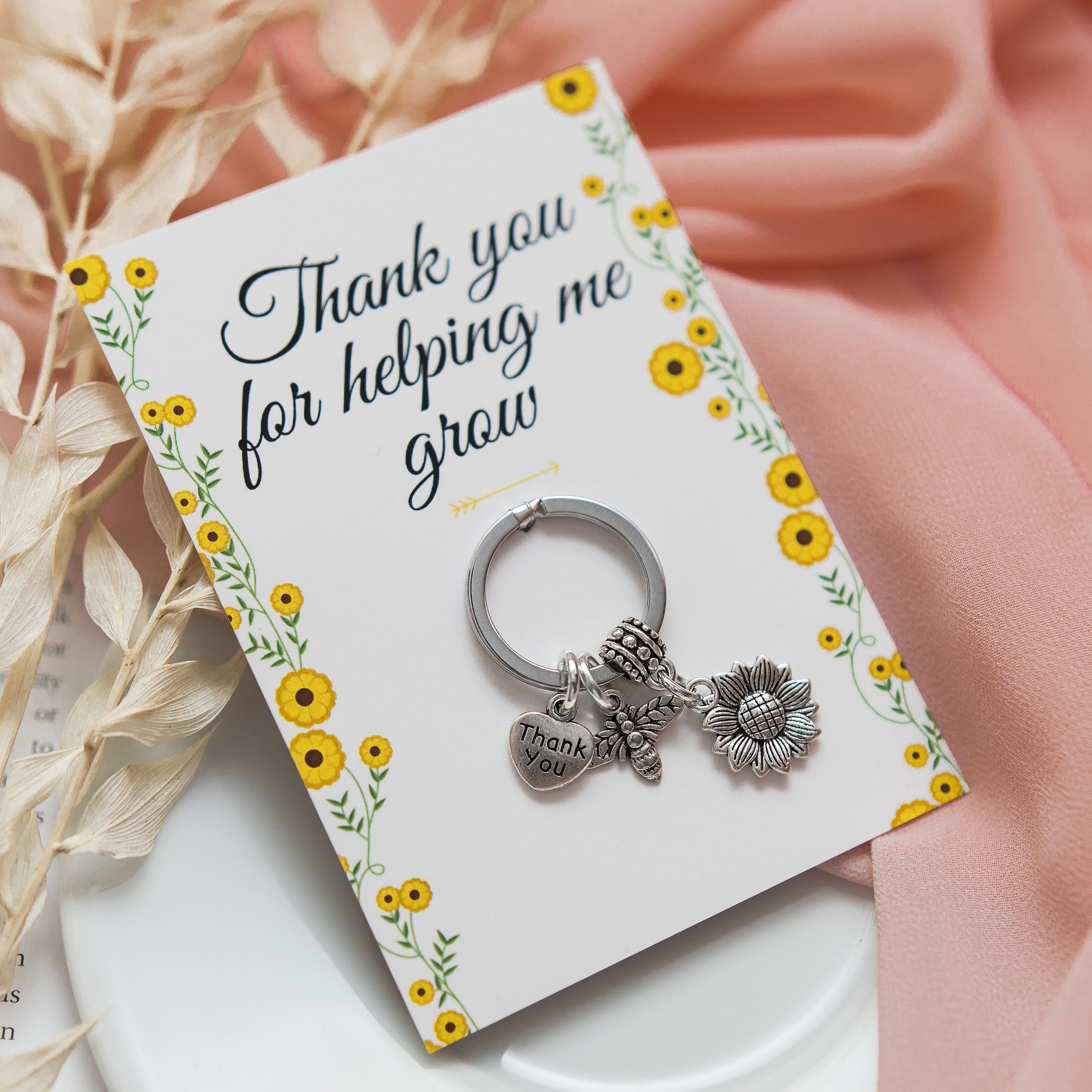 Sunflower thank you teacher keyring, nursery nurse gift, child care minder, thankyou gifts, teaching assistant thank you for helping me grow