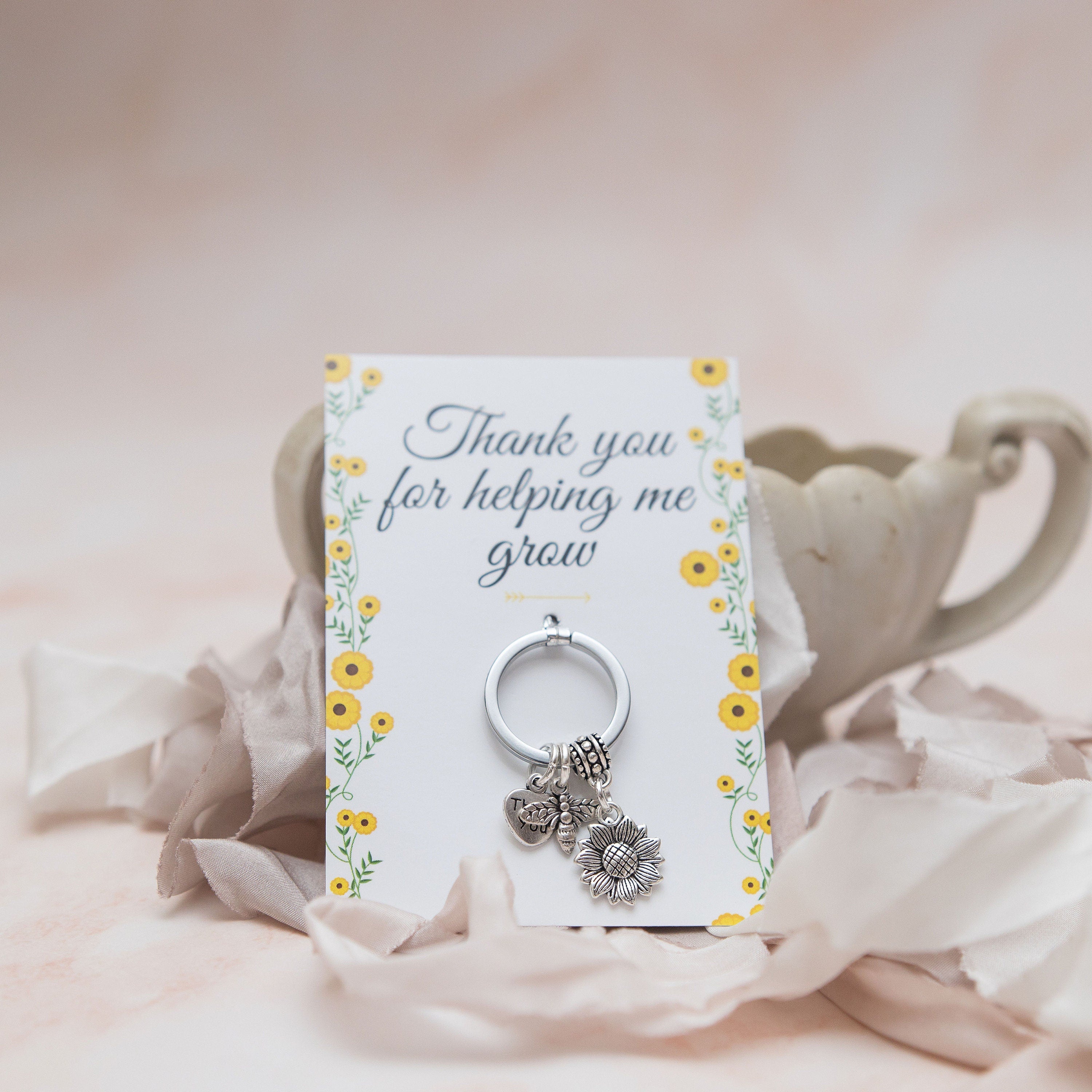 Sunflower thank you teacher keyring, nursery nurse gift, child care minder, thankyou gifts, teaching assistant thank you for helping me grow