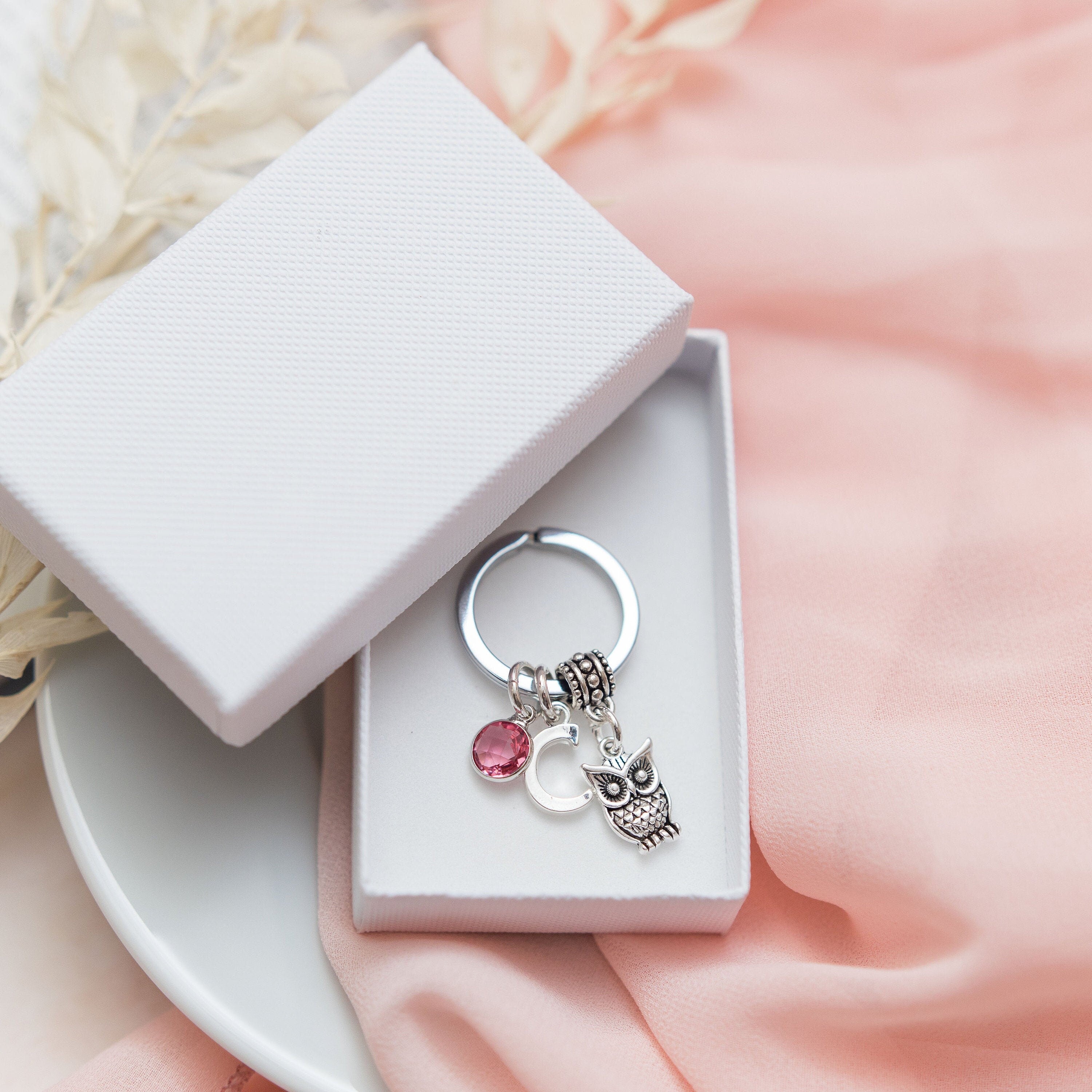 Owl keyring, graduation gift, wizard theme keychain, book lovers present, personalised gifts, birthstone initial charm, teacher thank you