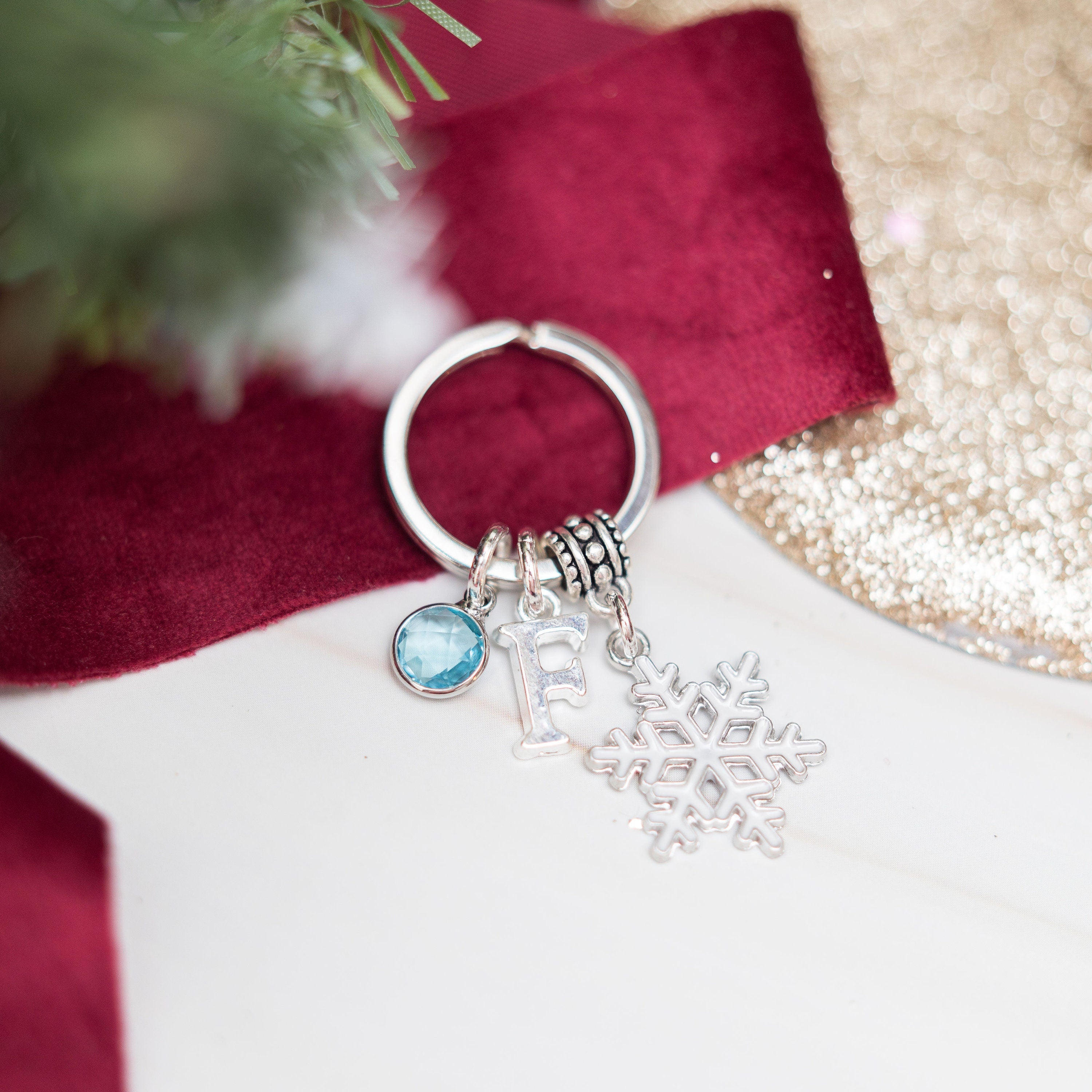 Snowflake keyring, Christmas keychain, holiday season, personalised gifts, birthstone initial, frozen ice gifts, winter charms