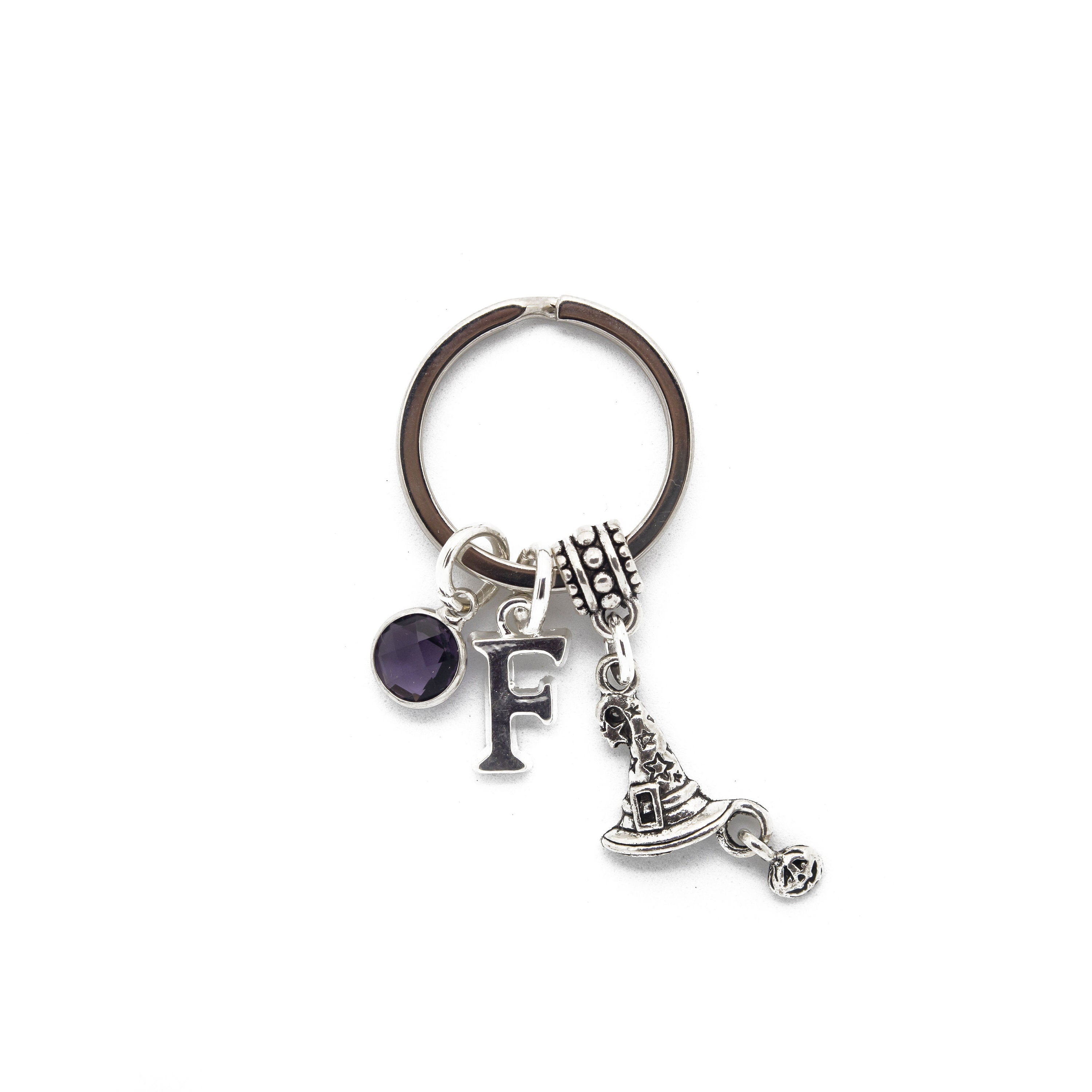 Witch hat keyring, Halloween keychain, witchy bag charm, personalised gifts, birthstone initial jewellery, goth pendant, pumpkin accessories