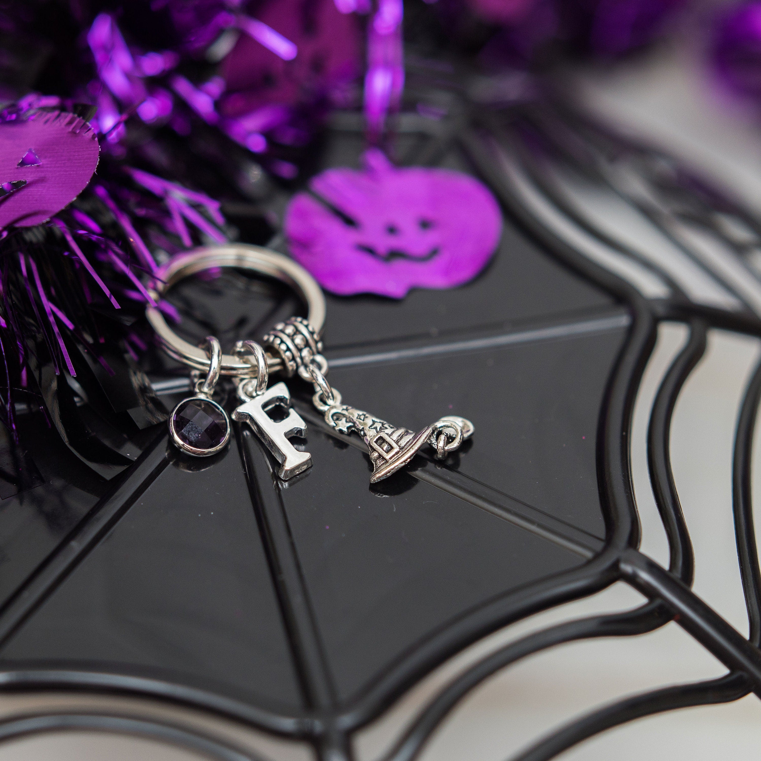Witch hat keyring, Halloween keychain, witchy bag charm, personalised gifts, birthstone initial jewellery, goth pendant, pumpkin accessories