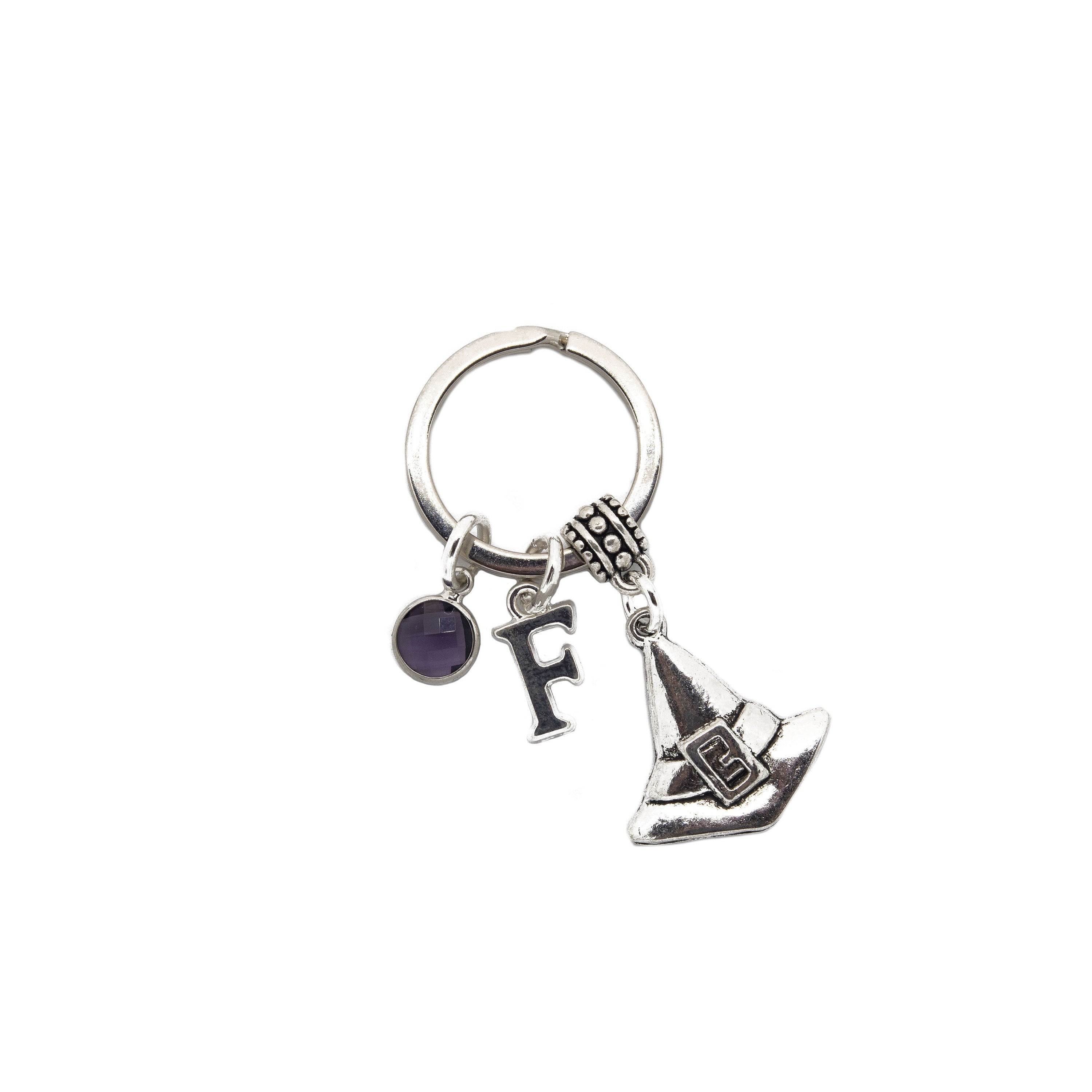 Witch hat keyring, Halloween keychain, witchy bag charm, personalised gifts, birthstone initial jewellery, goth accessories, trick or treat