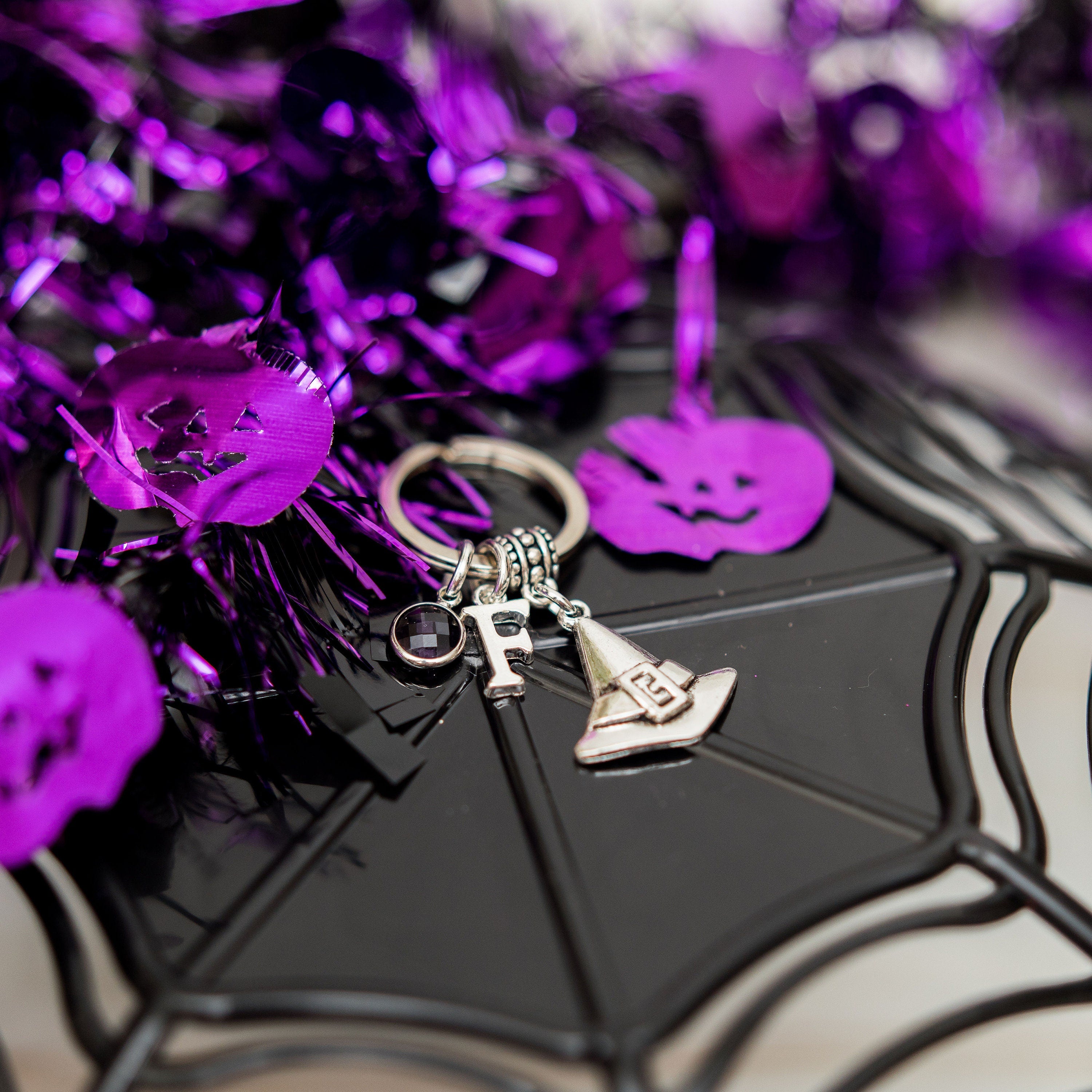 Witch hat keyring, Halloween keychain, witchy bag charm, personalised gifts, birthstone initial jewellery, goth accessories, trick or treat