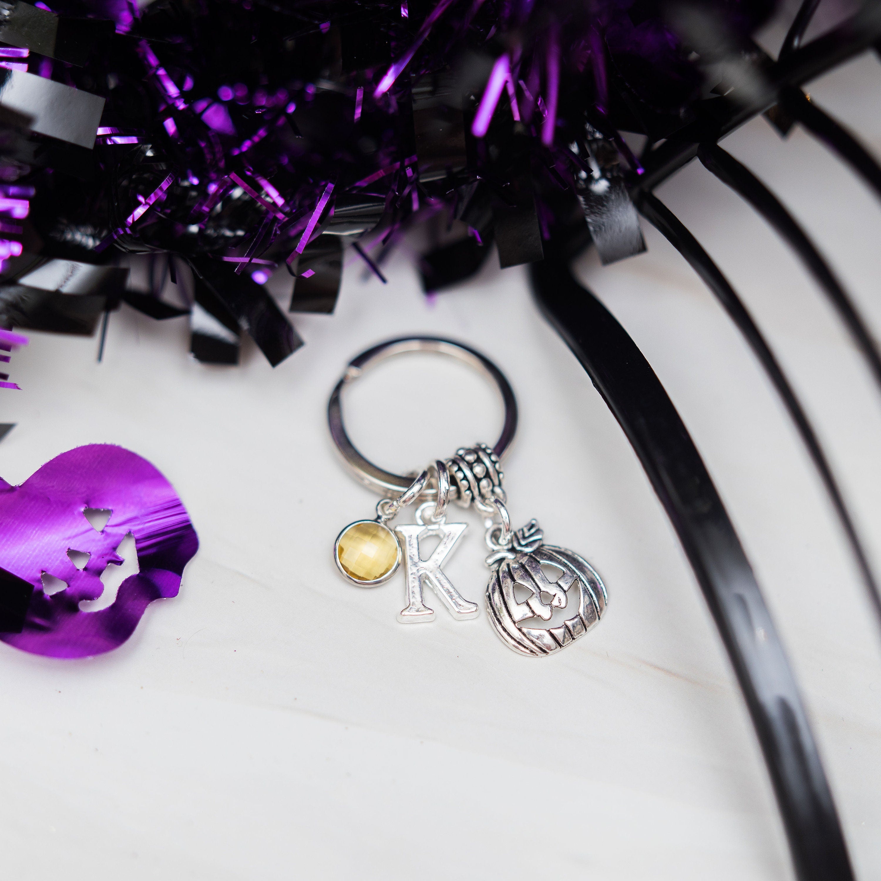 Pumpkin keyring, Halloween keychain, October birthday, autumnal, personalised gifts, birthstone initial jeweller, trick or treat favours