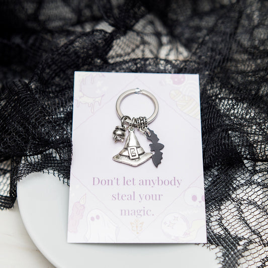 Witch keyring, don't let anybody steal your magic, witchy keychain, black bat, cauldron, goth bag charm, Halloween gifts, mystical wiccan