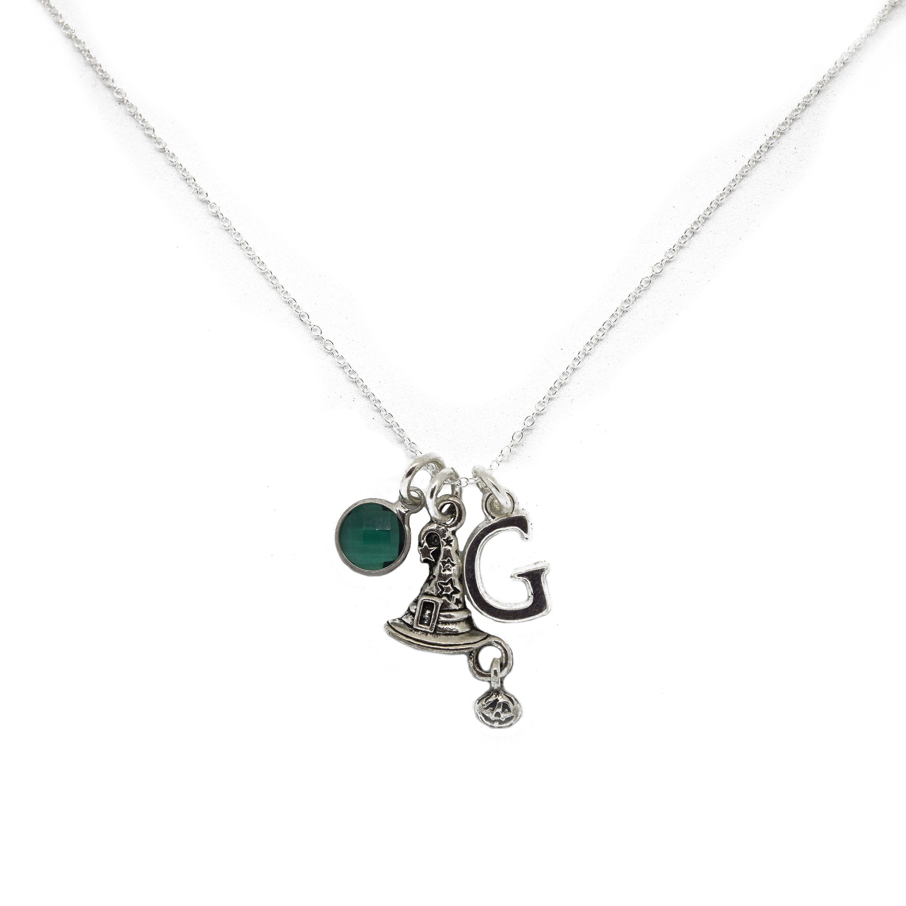 Witch hat necklace, personalised gifts, Halloween 2025 jewellery, birthstone initial charm, October birthday, spooky accessories, boo basket