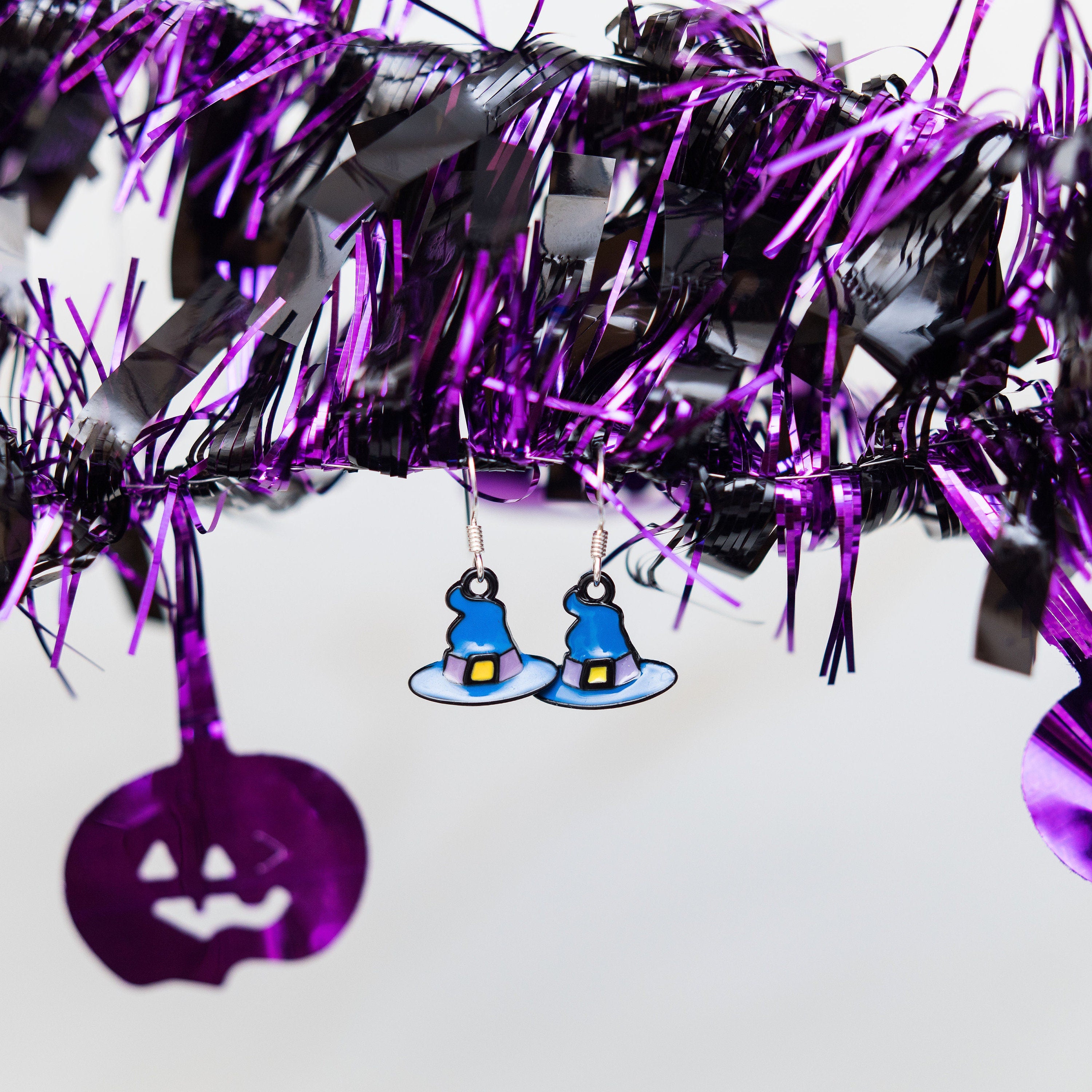 Blue witch hat earrings, enamel dangling wizard charms, drop hooks, sterling silver ear wires, Halloween jewellery, witchy gothic