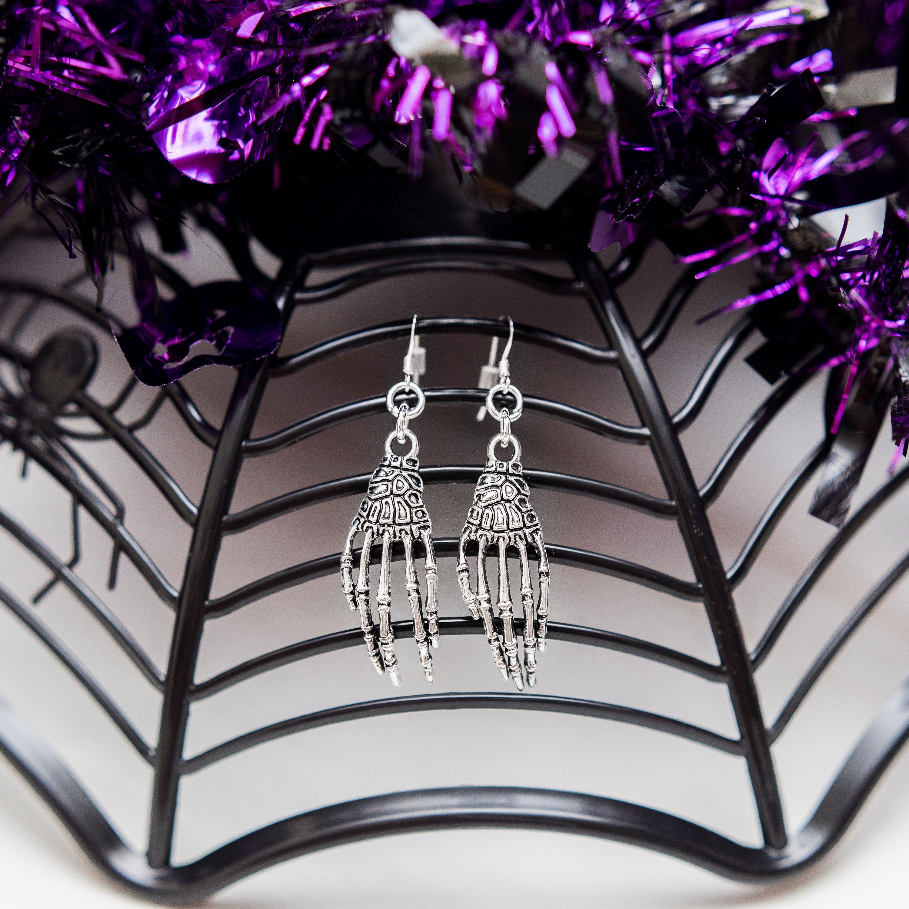 Skelton hand earrings, large charms, alternative, statement drop hooks, sterling silver ear wires, Halloween jewellery, witchy goth horror