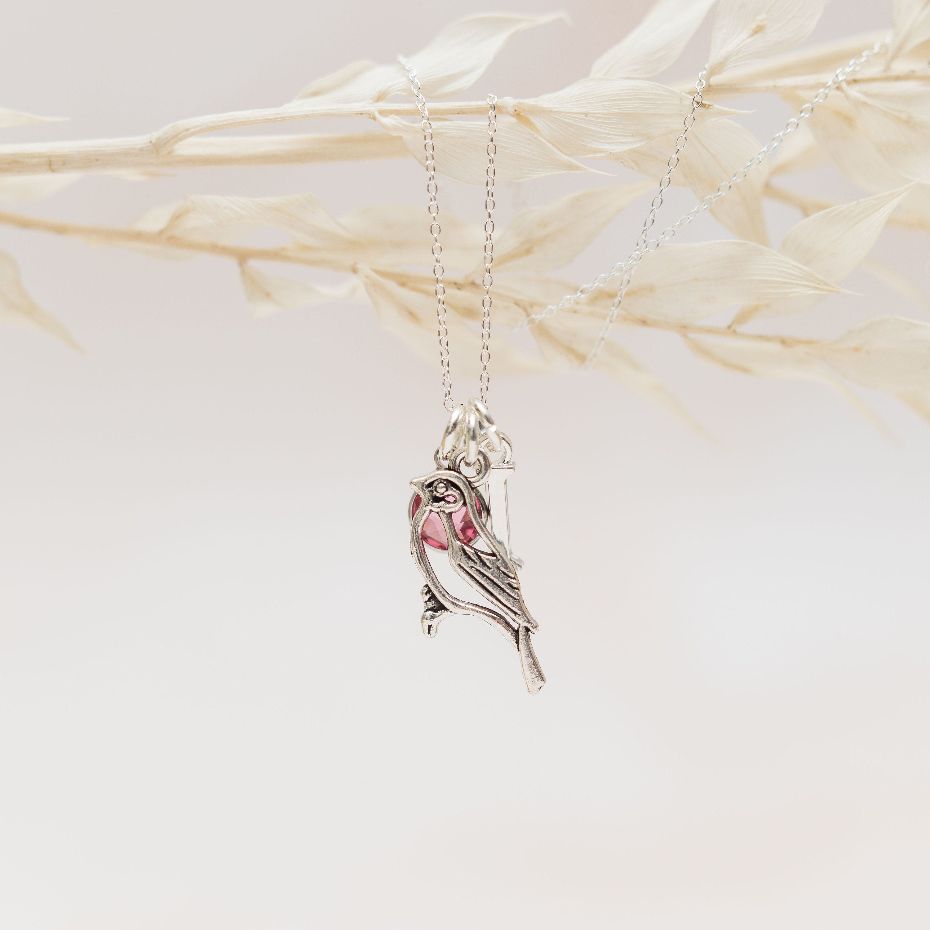 Filigree bird necklace, personalised gifts, feather animal jewellery, birthstone initial charm, birthday gift, woodland walk, nature present