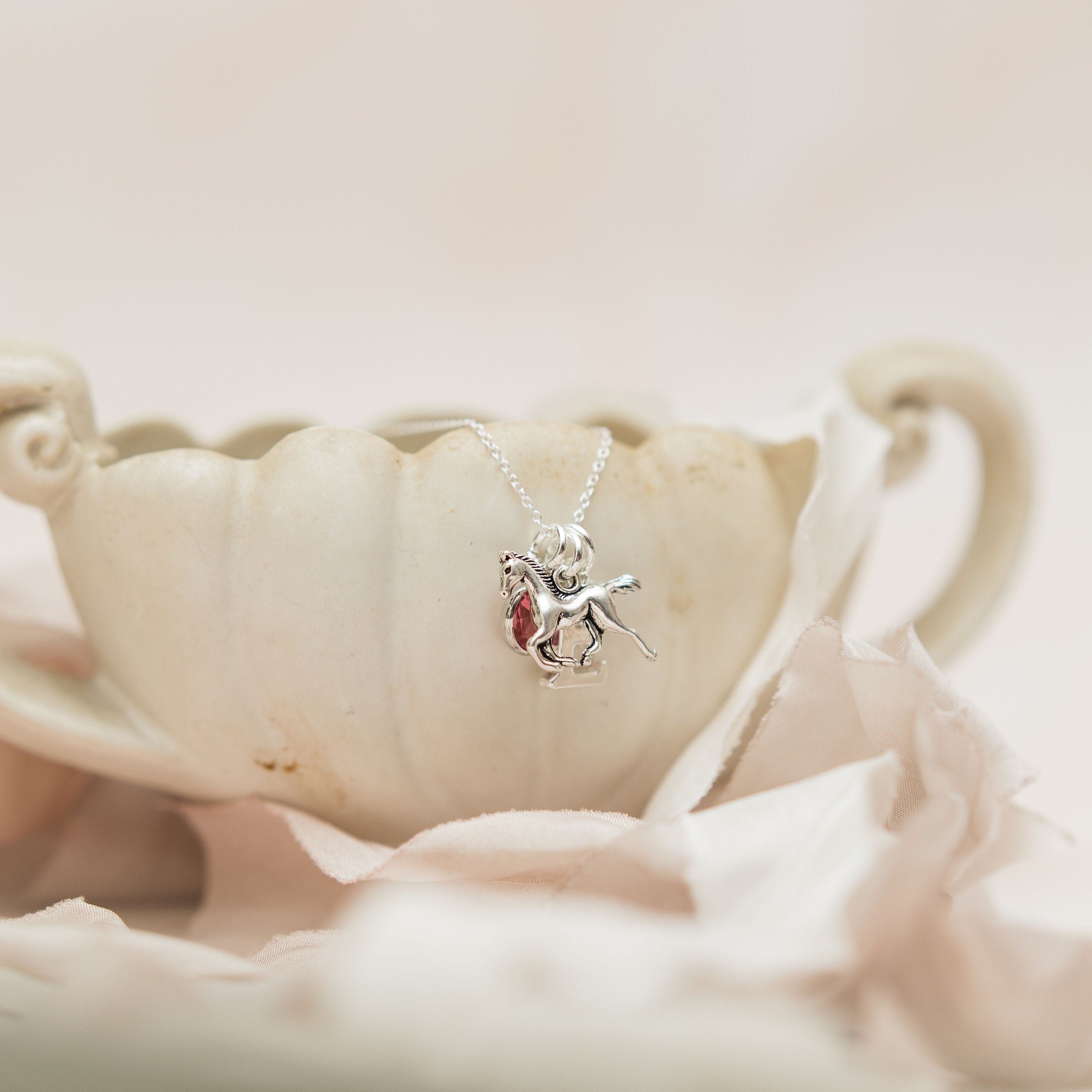 Horse Necklace: Personalised Birthstone Initial Charm, Equestrian Jewellery