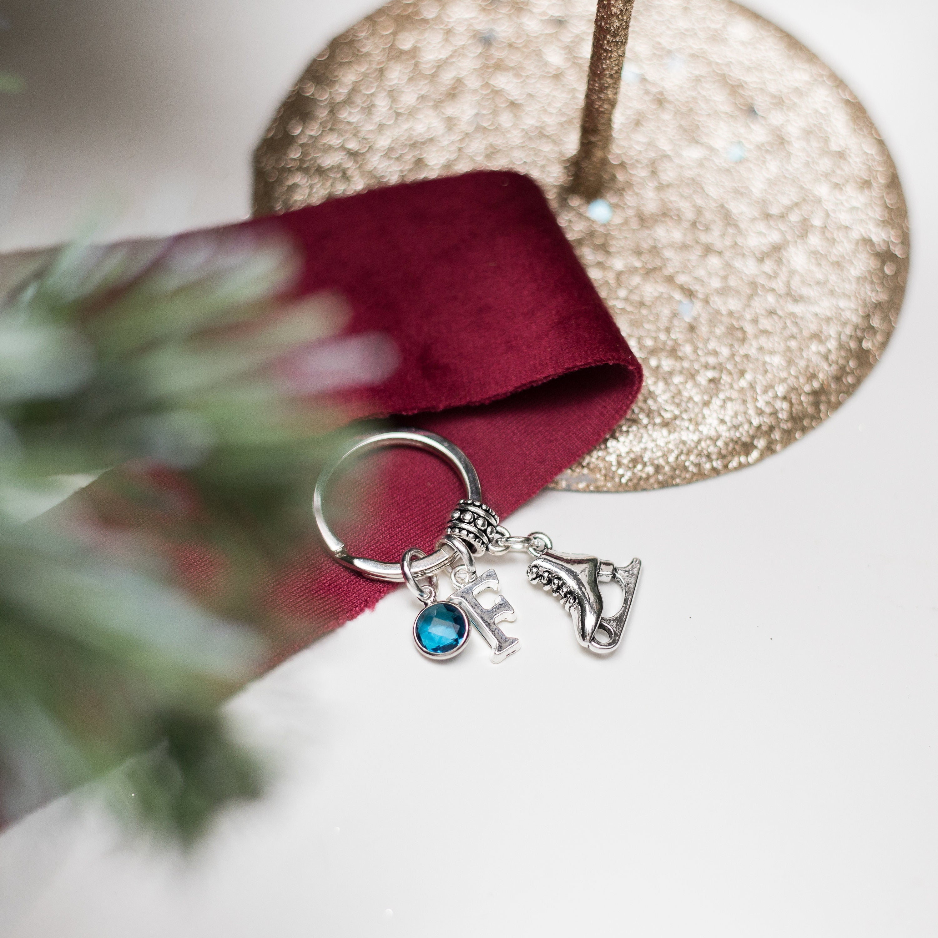 Ice skate keyring, figure skating keychain, personalised gifts, birthstone initial, festive Christmas Holiday, winter sports charms