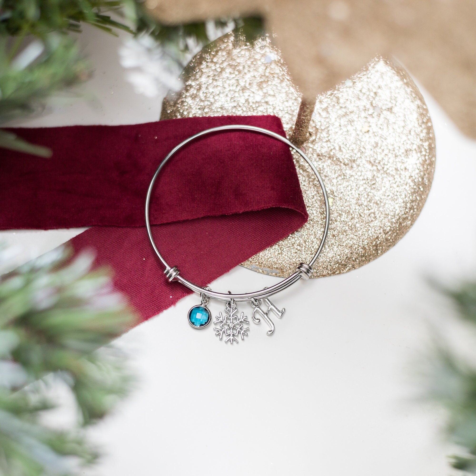 Snowflake bracelet, snow theme  bangle, personalised gifts, birthstone letter initial charm, Christmas stocking filler, winter jewellery