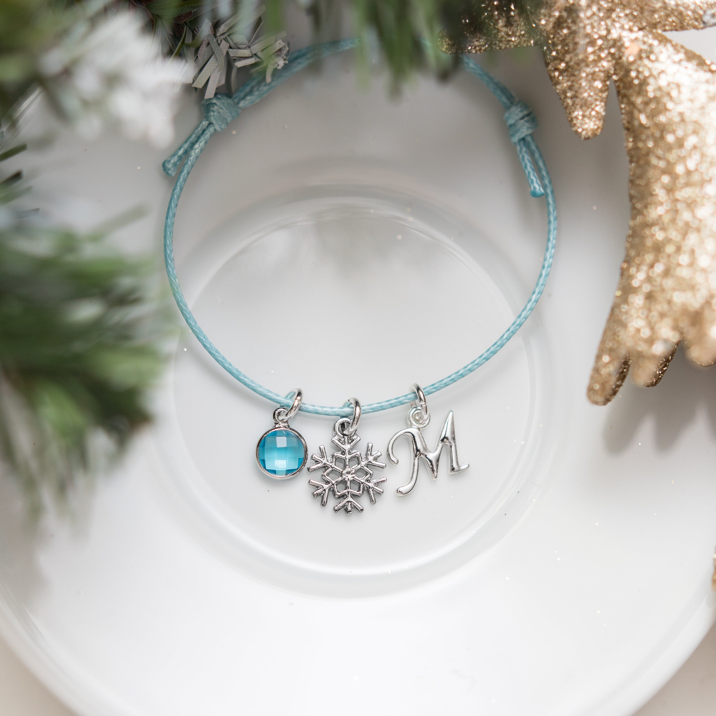 Waxed cord snowflake charm bracelet, snow theme adjustable cord jewellery, winter personalised gifts, birthstone letter, Christmas festive