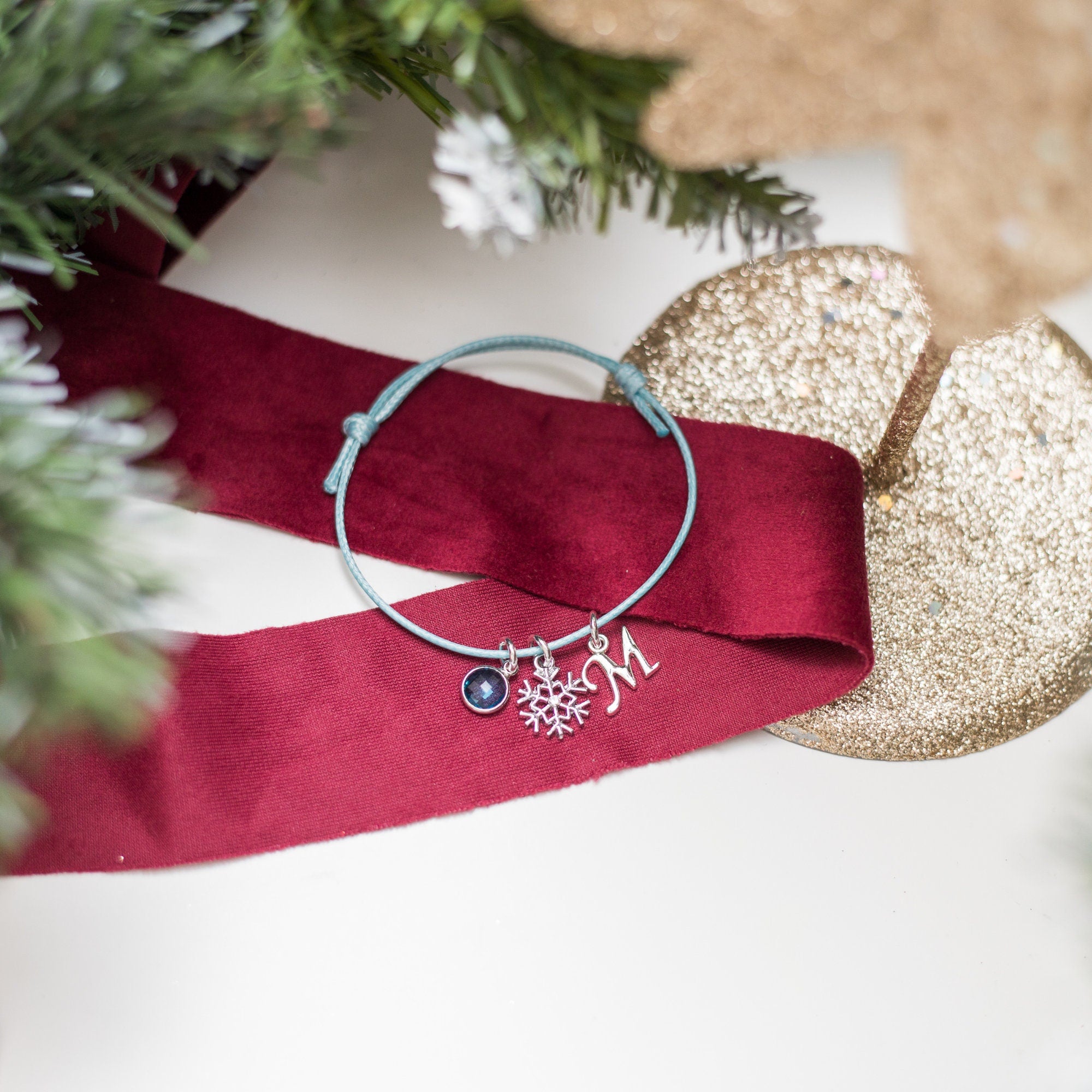 Waxed cord snowflake charm bracelet, snow theme adjustable cord jewellery, winter personalised gifts, birthstone letter, Christmas festive