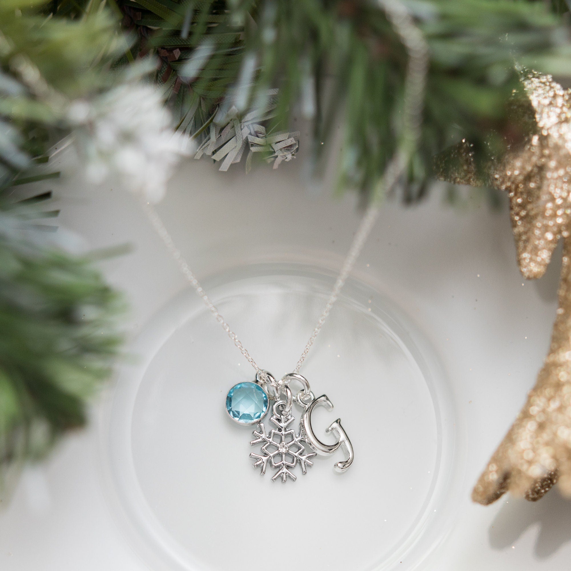 Snowflake necklace, snow theme gift, winter Christmas jewellery, personalised gifts, birthstone initial letter, festive pendant, friend gift